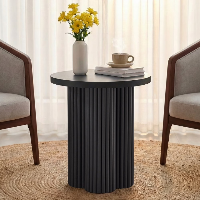 Wirrytor Farmhouse Round End Table, Wooden Fluted Couch Side Table with Octagonal Base for Living Room, Small Bedside Table Accent Cabinet, Bedroom