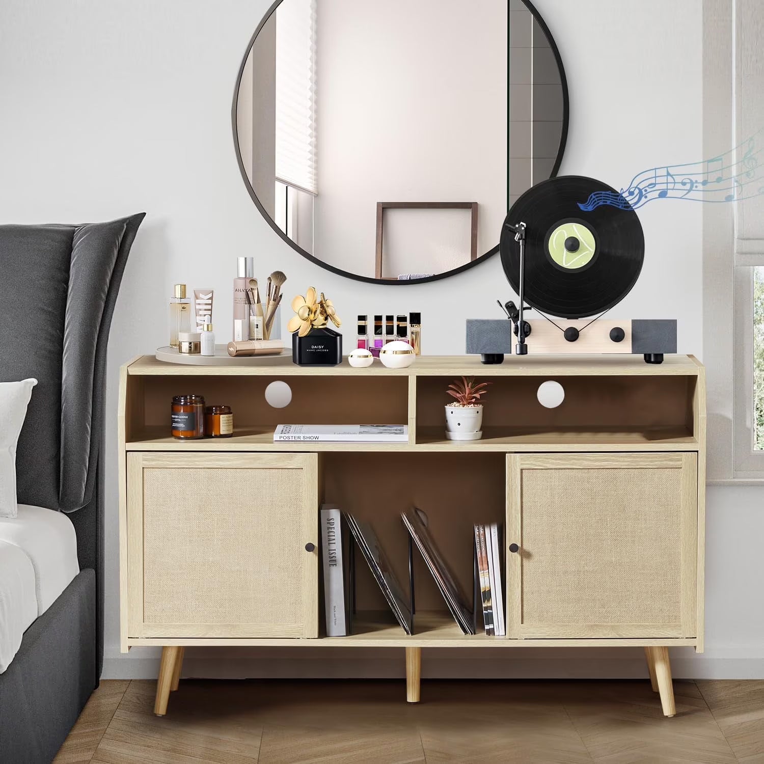 Wirrytor Rattan Record Player Stand, Wood Storage Table Turntable Stand, Audio Cabinet with 2 Rattan Doors with Vinyl Storage - Natural