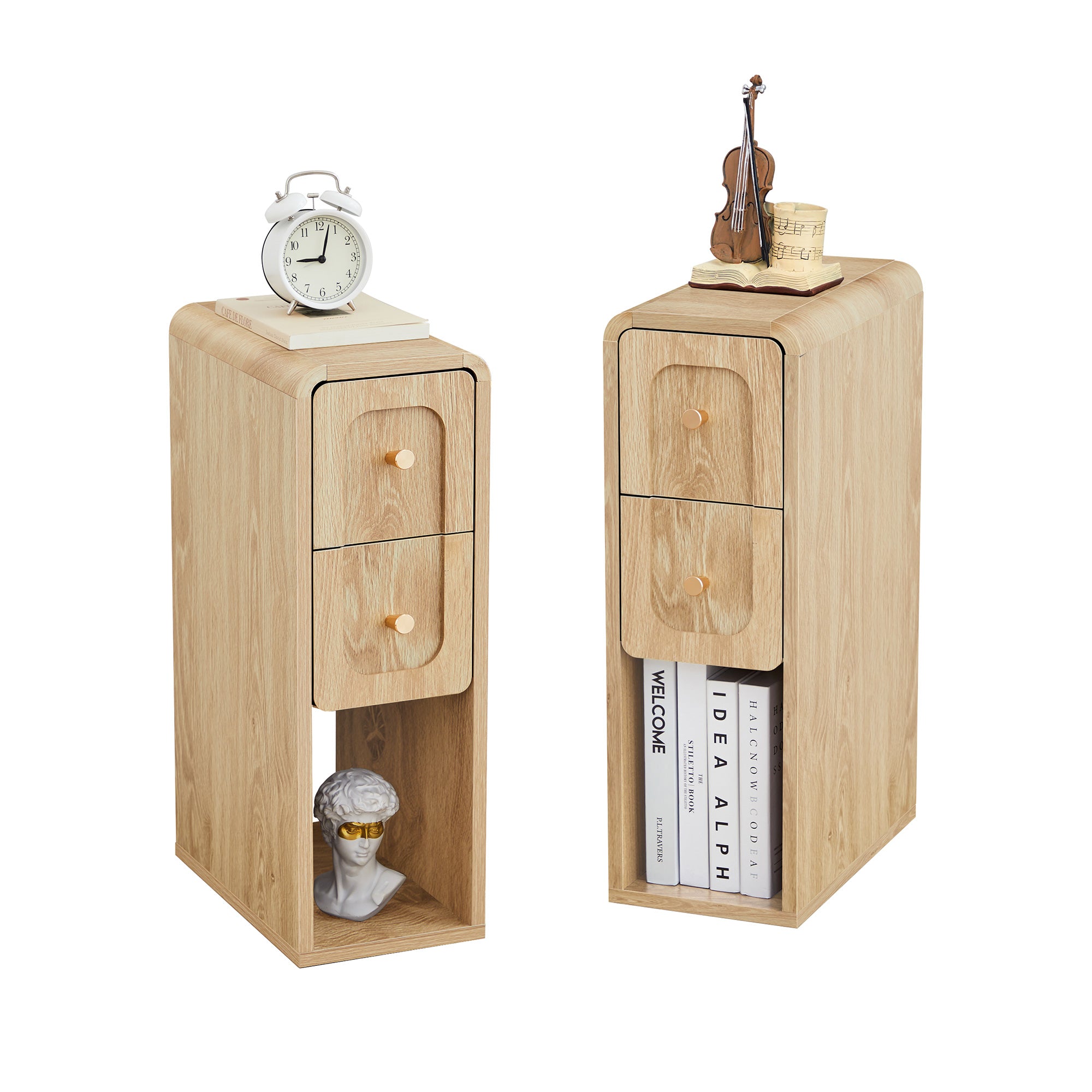 Wirrytor Narrow End Table with 2 Drawer & Open Storage Shelf, Modern Narrow Side Table for Small Spaces, Multifunctional Slim Nightstand for Bedroom, Living Room & Home Office,Oak