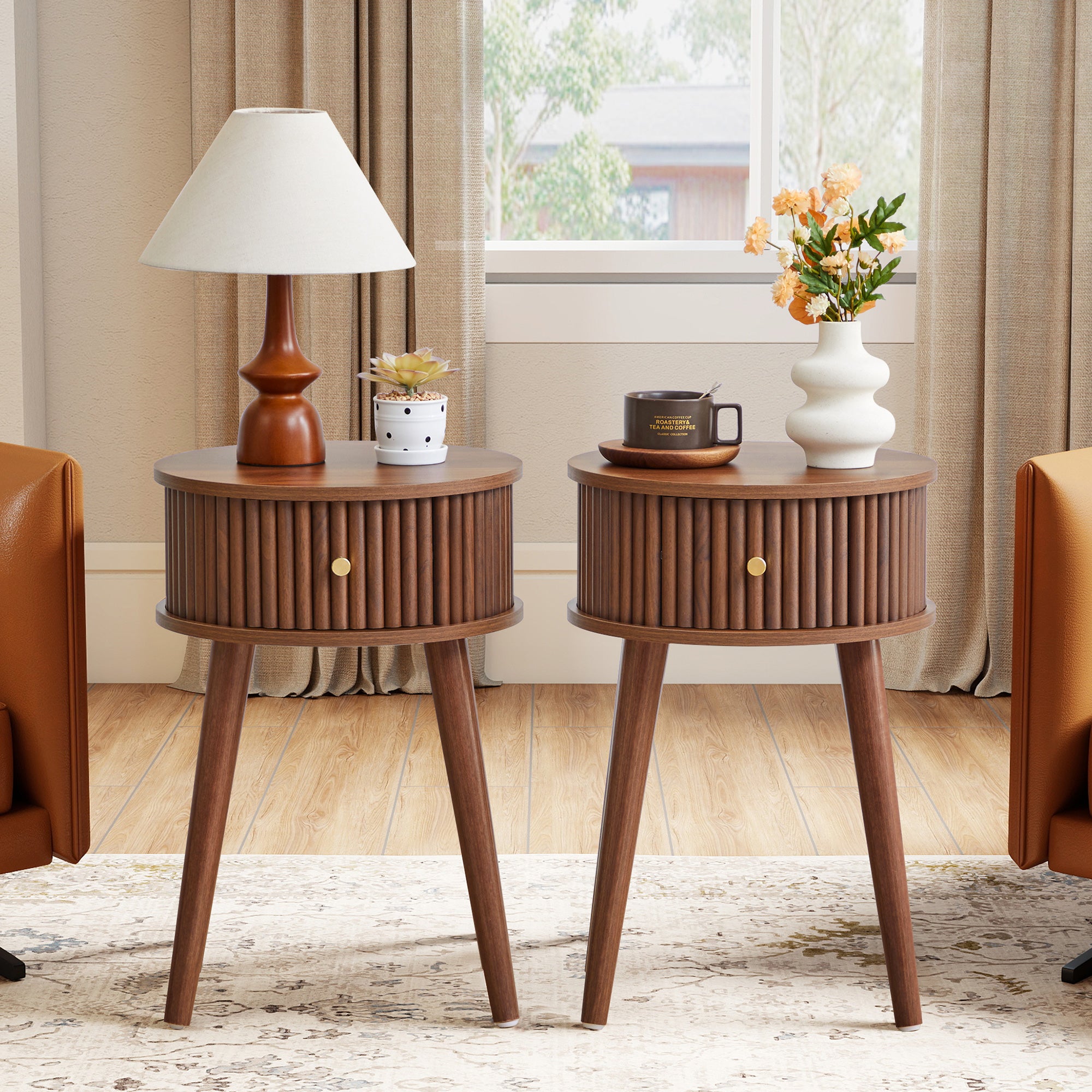 WIRRYTOR Set of 2 Modern Boho End Tables for Living Room, Round Fluted Side Tables with Drawer and Splayed Legs, Walnut Accent Tables