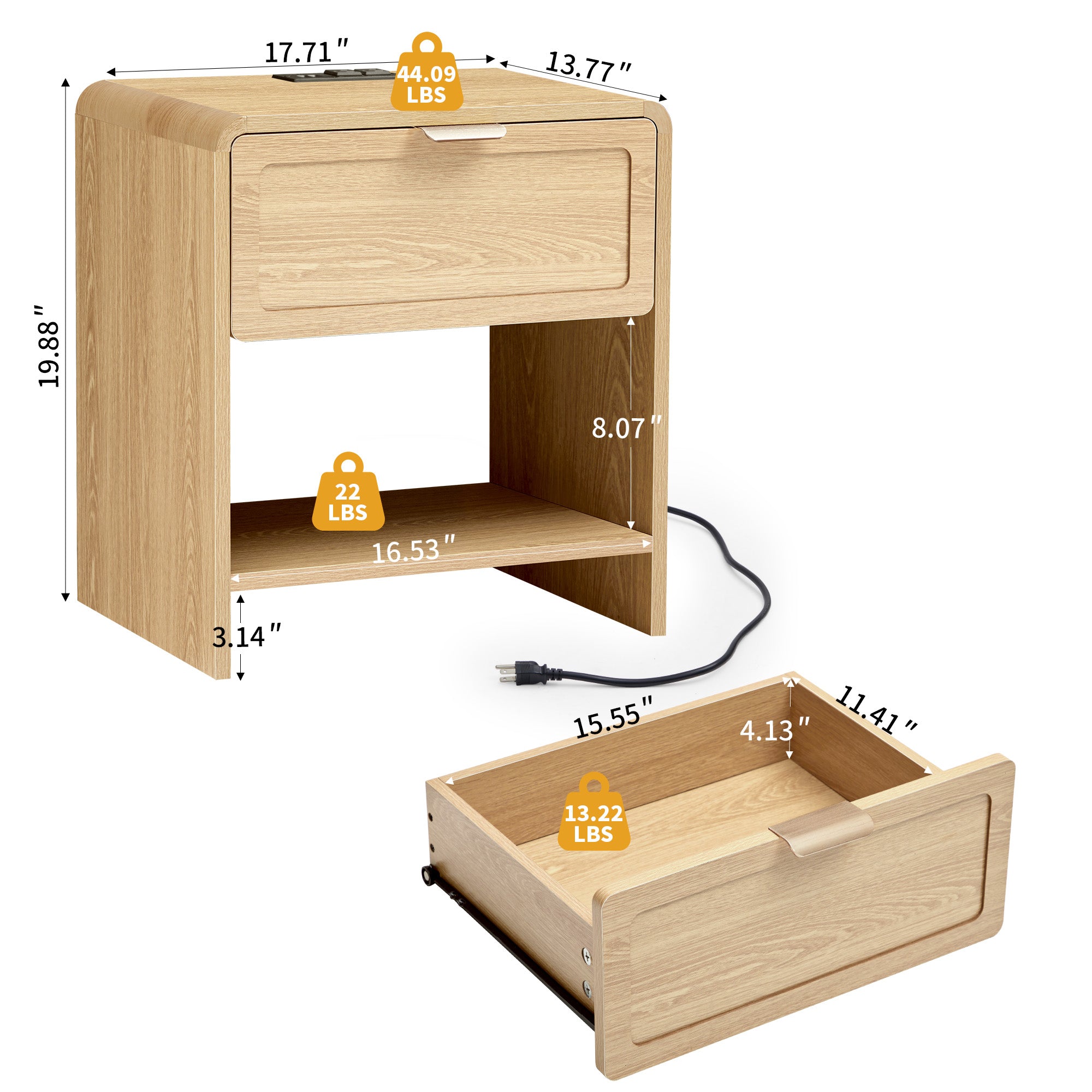 Wirrytor Farmhouse Natural Oak Fluted Nightstands, Mid-Century Chic End Table with Drawer and Open Shelf Storage, Curved Edge Bedside Table for Bedroom Living Room