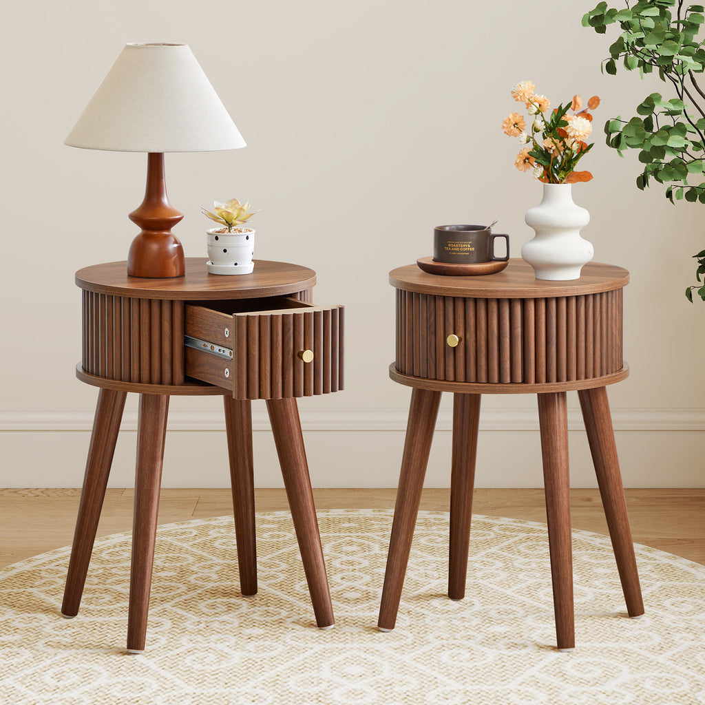 WIRRYTOR Set of 2 Modern Boho End Tables for Living Room, Round Fluted Side Tables with Drawer and Splayed Legs, Walnut Accent Tables