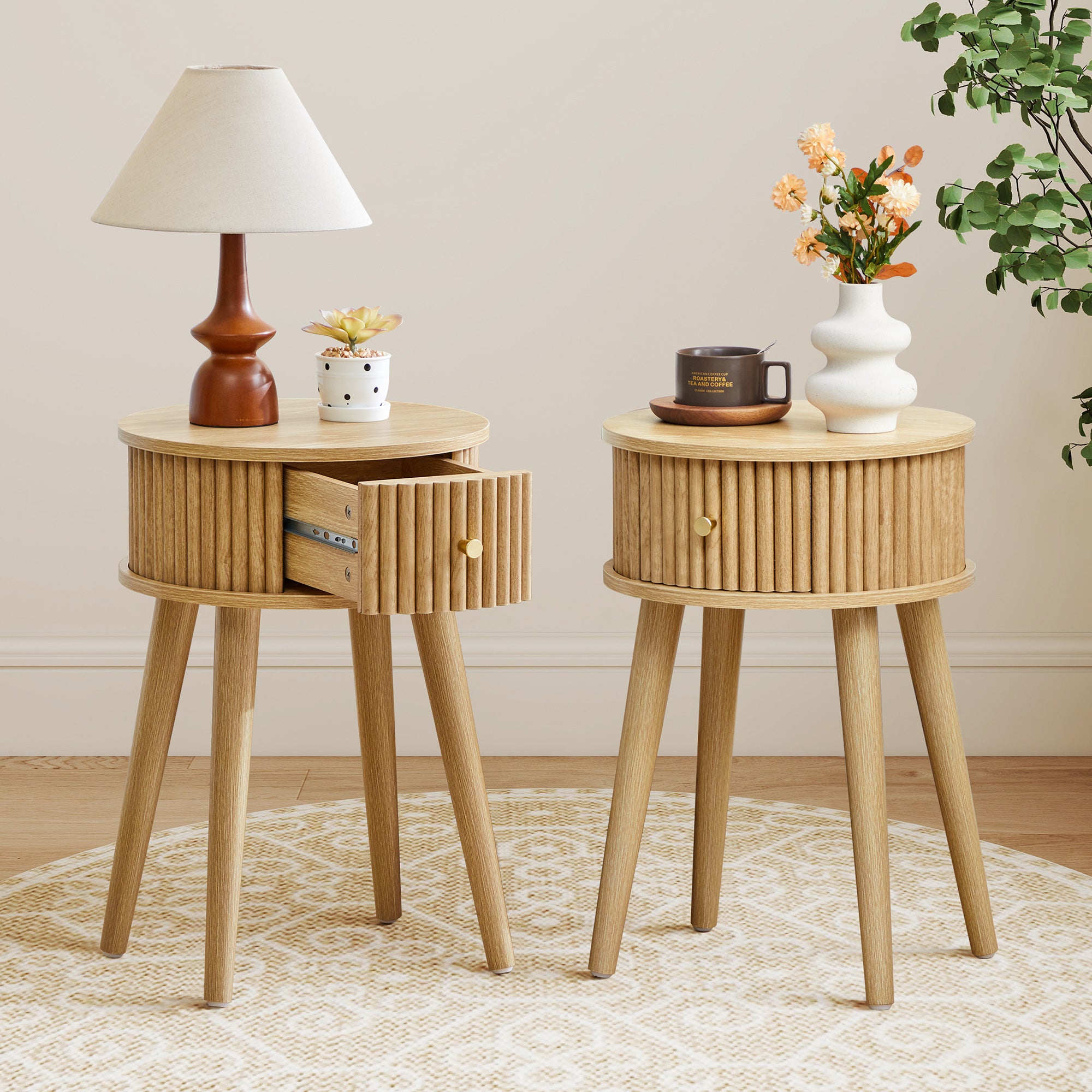 WIRRYTOR Set of 2 Modern Boho End Tables for Living Room, Round Fluted Side Tables with Drawer and Splayed Legs, Walnut Accent Tables