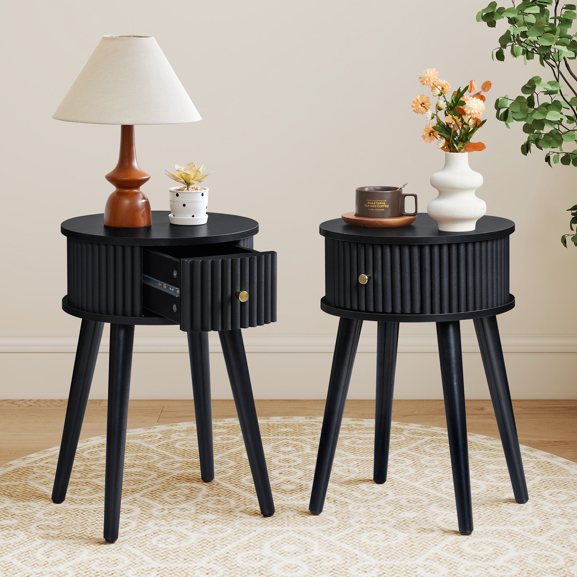 WIRRYTOR Set of 2 Modern Boho End Tables for Living Room, Round Fluted Side Tables with Drawer and Splayed Legs, Walnut Accent Tables