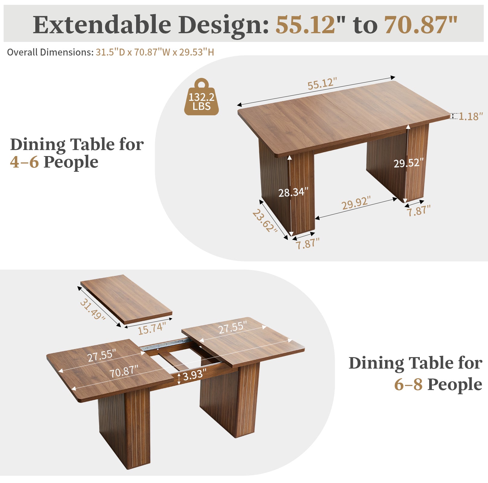 Wirrytor Rectangle Extendable Dining Table for 6-8 People Modern Expandable Kitchen Table with White Pedestal Base Wood veneer Particle Board Space Saving Design. Oak