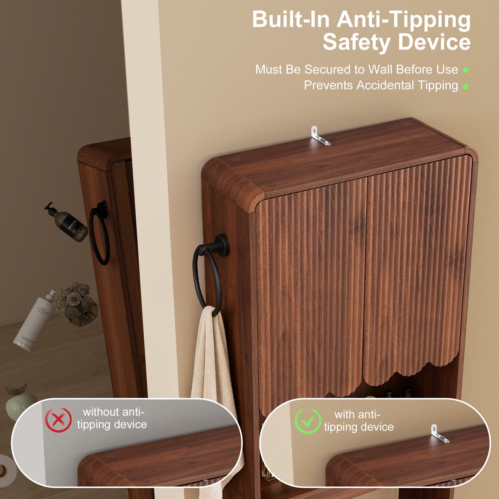 WIRRYTOR Modern Fluted Over the Toilet Storage Cabinet, 68" Tall Freestanding Bathroom Organizer with Adjustable Shelf and Paper Holder, Walnut