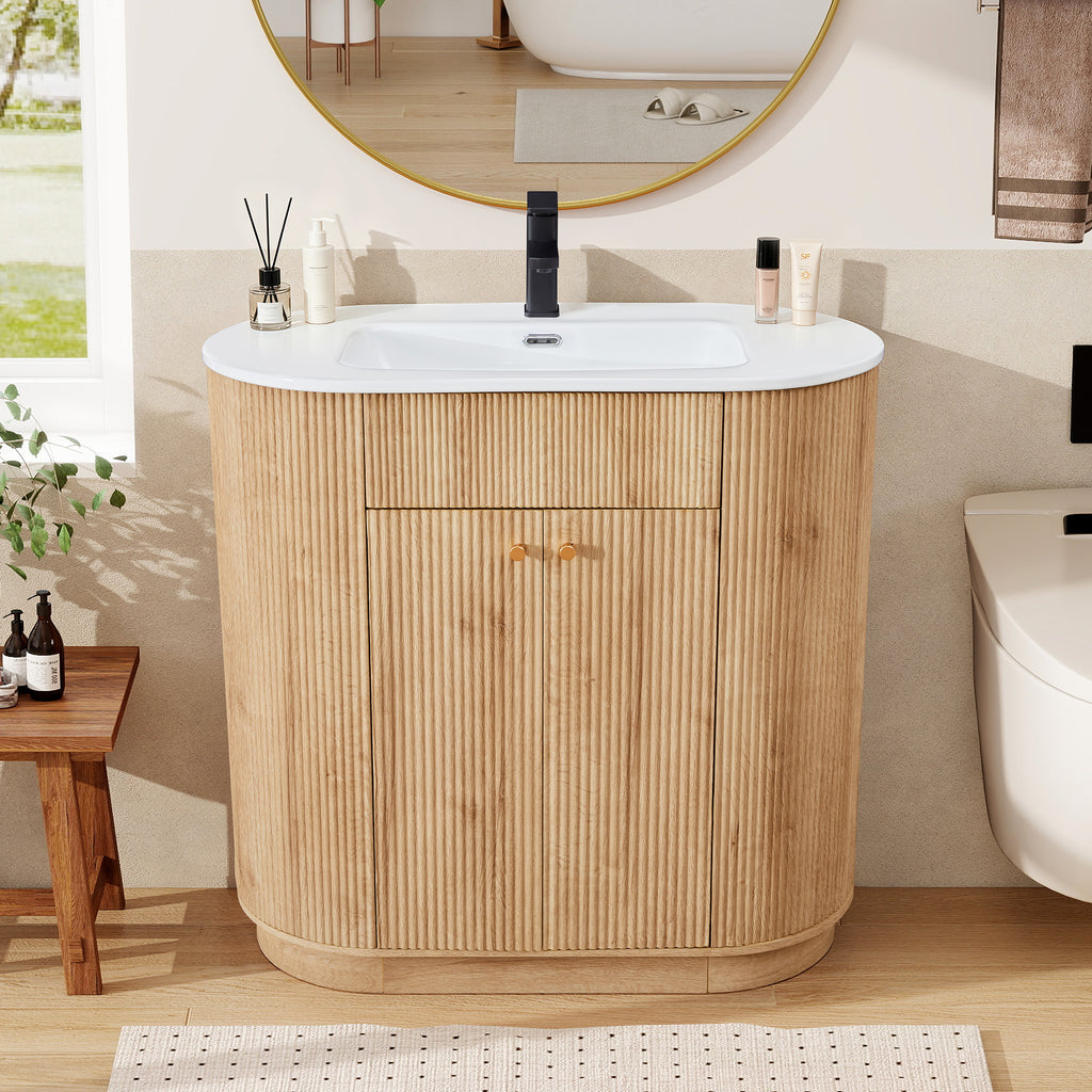 WIRRYTOR 35" Modern Bathroom Vanity with Sink and Faucet, Oval Fluted Freestanding Bathroom Cabinet with Soft-Close Doors and Storage Shelf