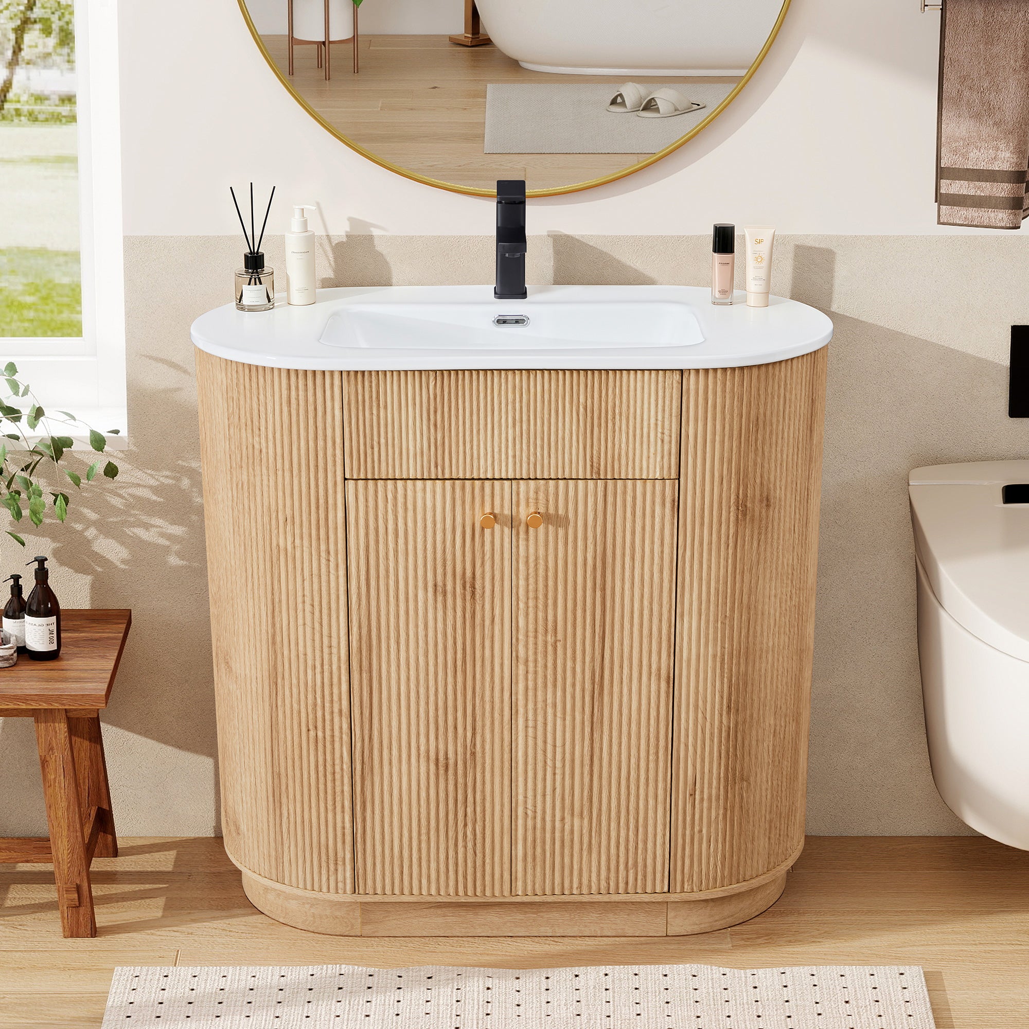 WIRRYTOR 35" Modern Bathroom Vanity with Sink and Faucet, Oval Fluted Freestanding Bathroom Cabinet with Soft-Close Doors and Storage Shelf