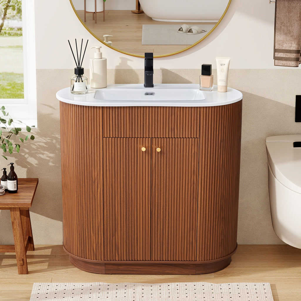 WIRRYTOR 35" Modern Bathroom Vanity with Sink and Faucet, Oval Fluted Freestanding Bathroom Cabinet with Soft-Close Doors and Storage Shelf