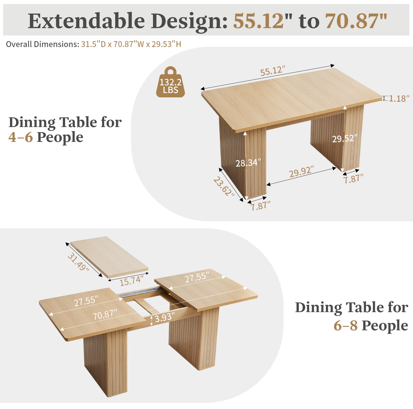 Wirrytor Rectangle Extendable Dining Table for 6-8 People Modern Expandable Kitchen Table with White Pedestal Base Wood veneer Particle Board Space Saving Design. Oak