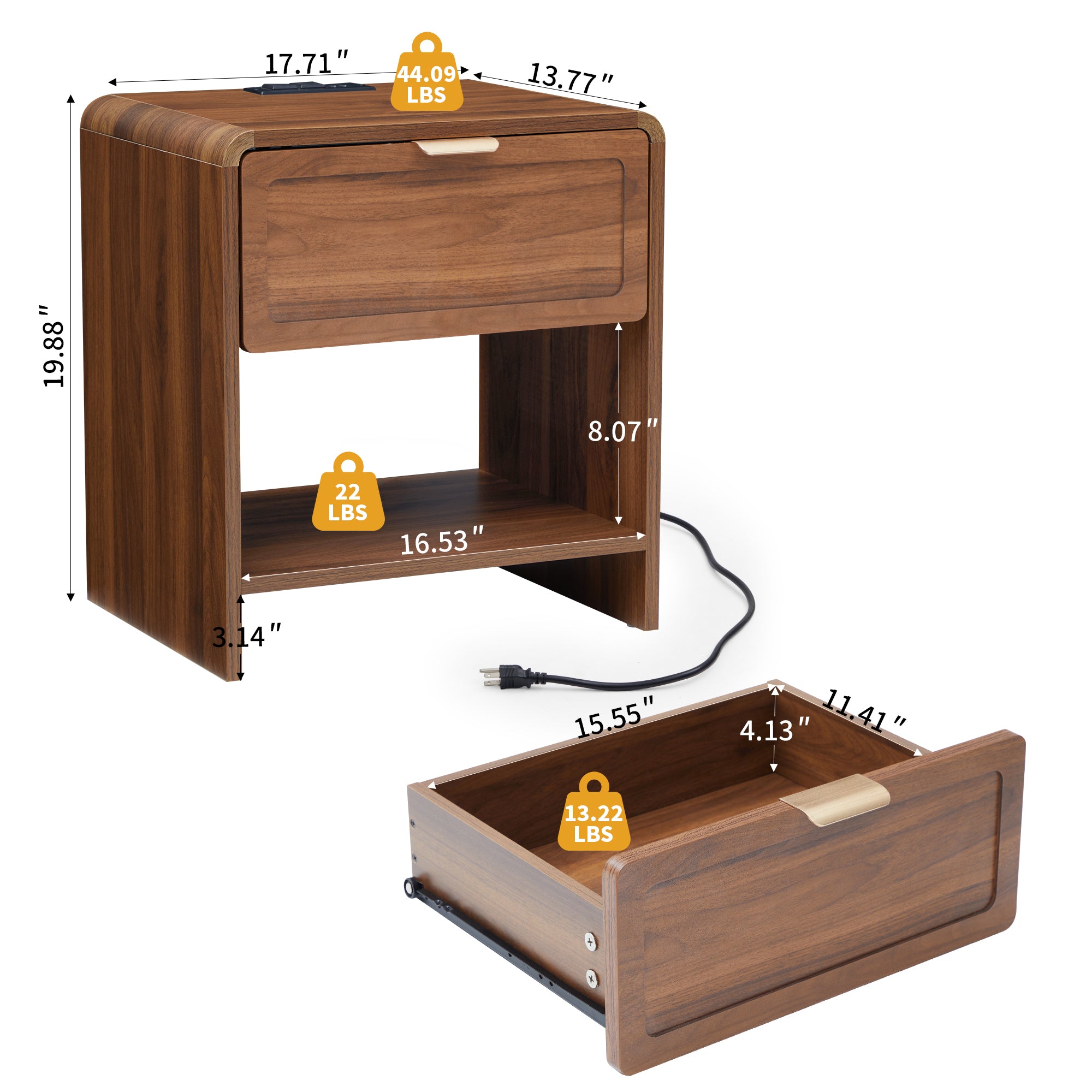 Wirrytor Farmhouse Natural Oak Fluted Nightstands, Mid-Century Chic End Table with Drawer and Open Shelf Storage, Curved Edge Bedside Table for Bedroom Living Room