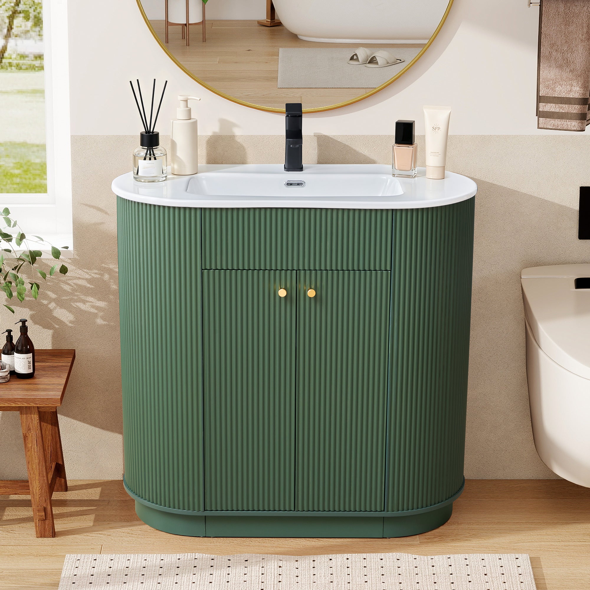WIRRYTOR 35" Modern Bathroom Vanity with Sink and Faucet, Oval Fluted Freestanding Bathroom Cabinet with Soft-Close Doors and Storage Shelf