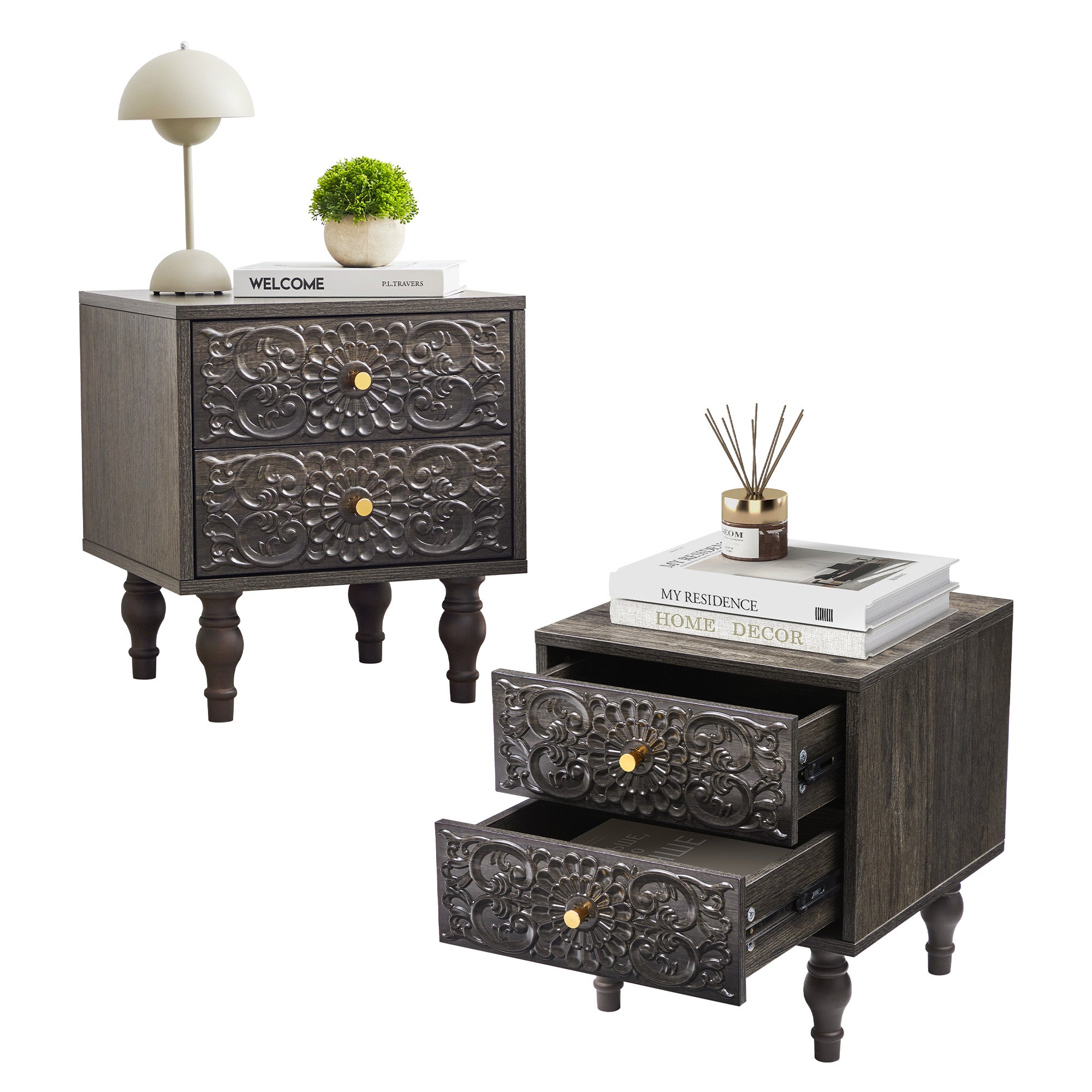Wirrytor Mid century Nightstand with Drawers, Bedside Table 2 Drawer Dresser with Embossed Pattern