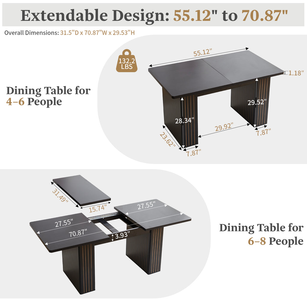 Wirrytor Rectangle Extendable Dining Table for 6-8 People Modern Expandable Kitchen Table with White Pedestal Base Wood veneer Particle Board Space Saving Design. Oak