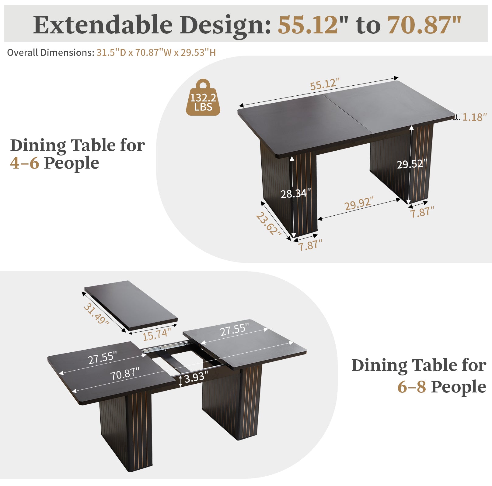 Wirrytor Rectangle Extendable Dining Table for 6-8 People Modern Expandable Kitchen Table with White Pedestal Base Wood veneer Particle Board Space Saving Design. Oak