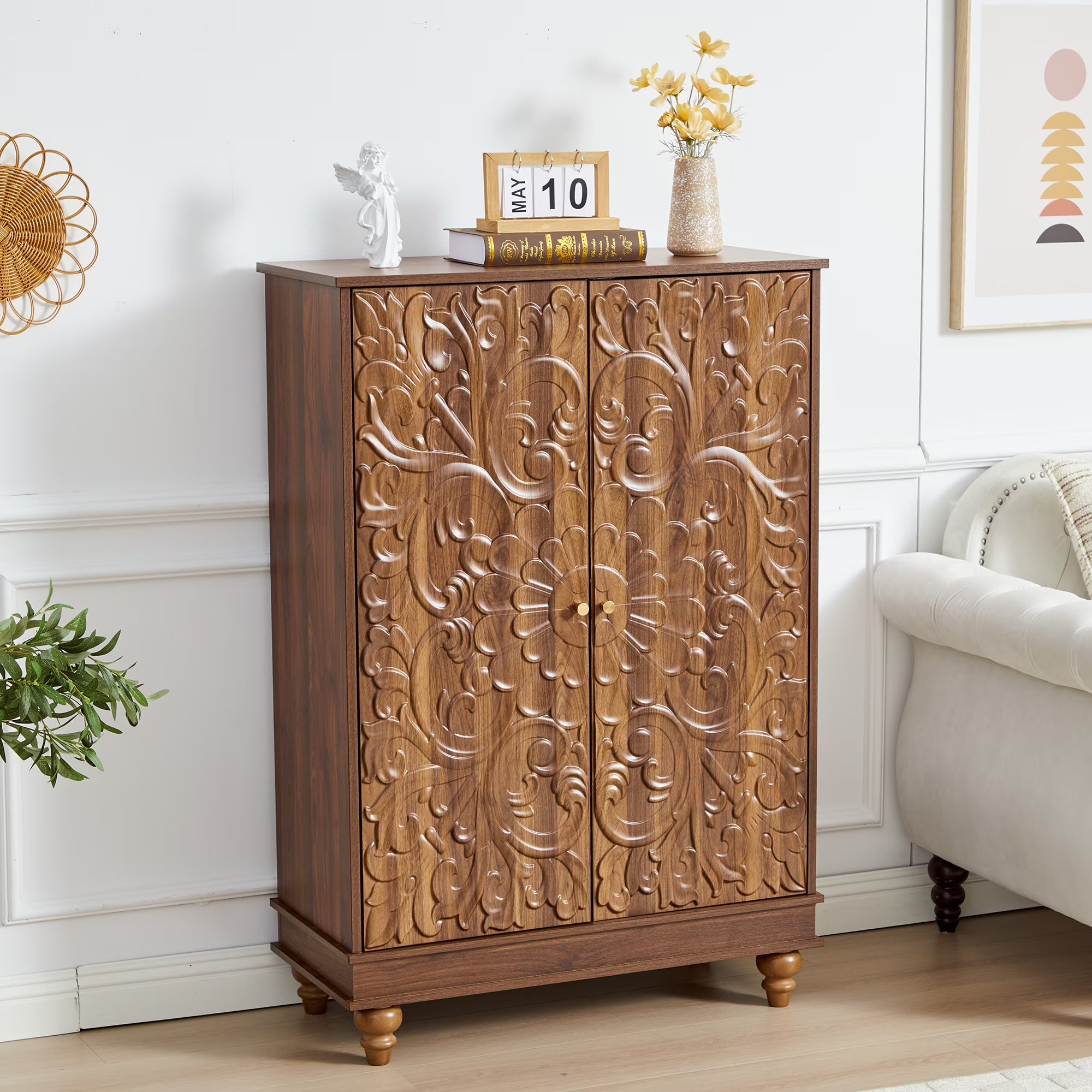 Wirrytor Wood Sideboard Cabinet with 2 Doors for Hallway Entrance, Carved Wood Accent Cabinet ,Vintage Textured Decorative Credenza, Modern Cabinet for Living Room,Walnut