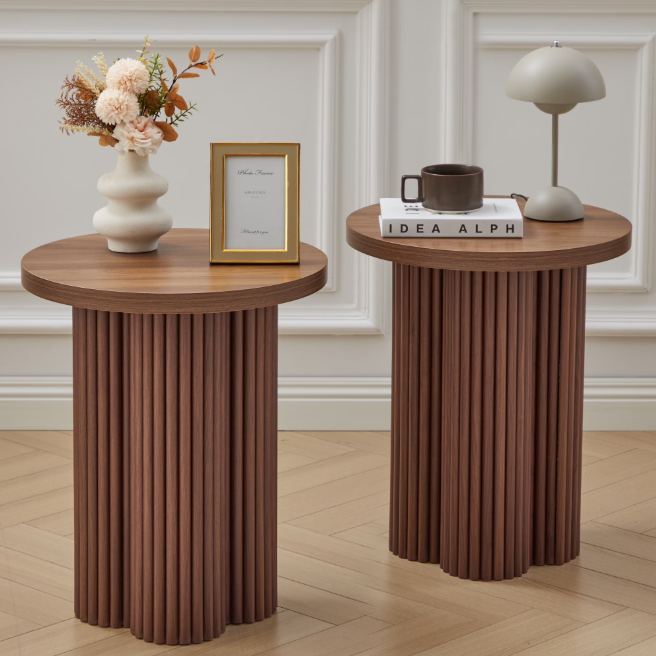 Wirrytor Farmhouse Round End Table, Wooden Fluted Couch Side Table with Octagonal Base for Living Room, Small Bedside Table Accent Cabinet, Bedroom