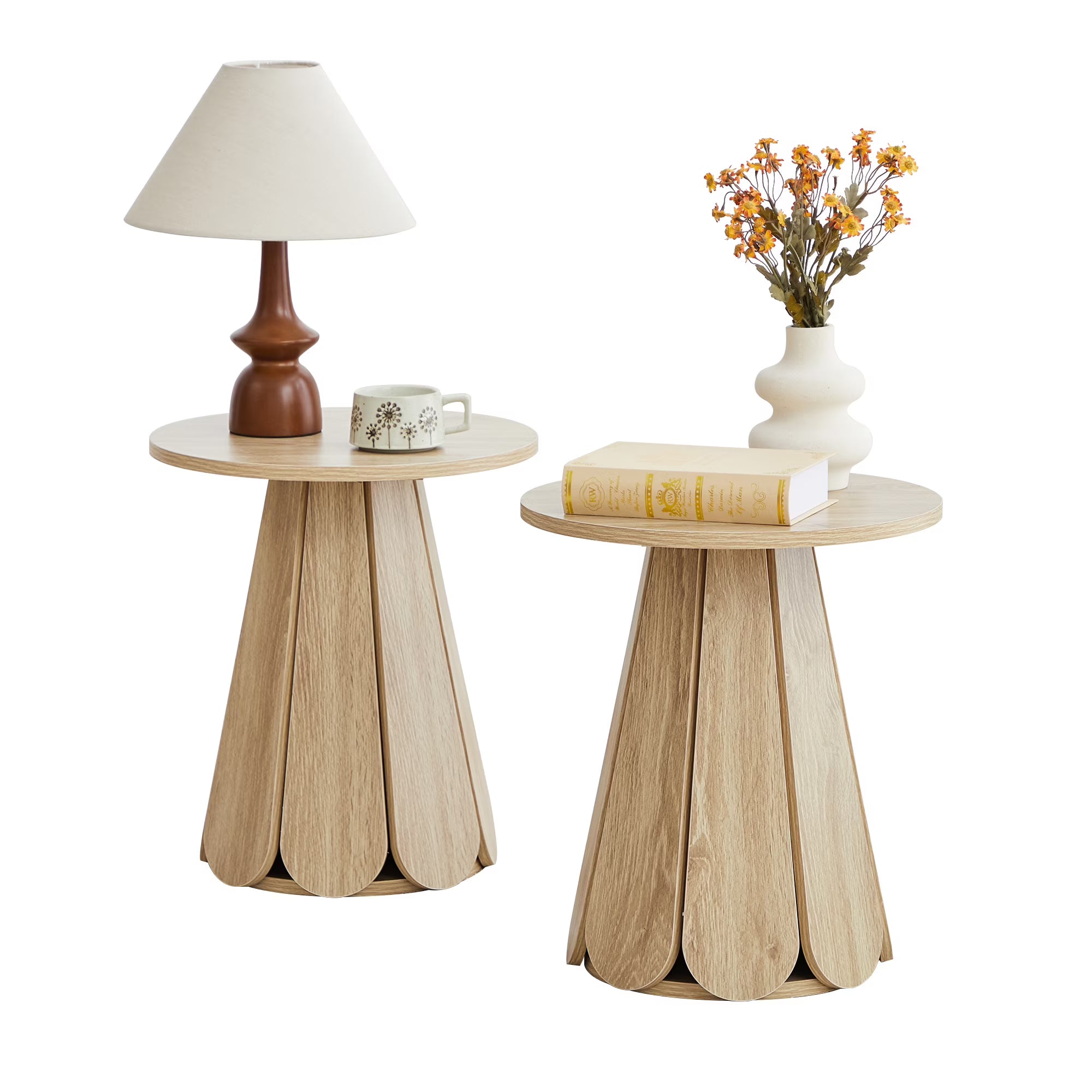 Wirrytor Farmhouse Small Pedestal End Table Set of 2, Round Martini Table, Rustic Drink Table, Accent Side Table for Living Room Bedroom,Natural Wood