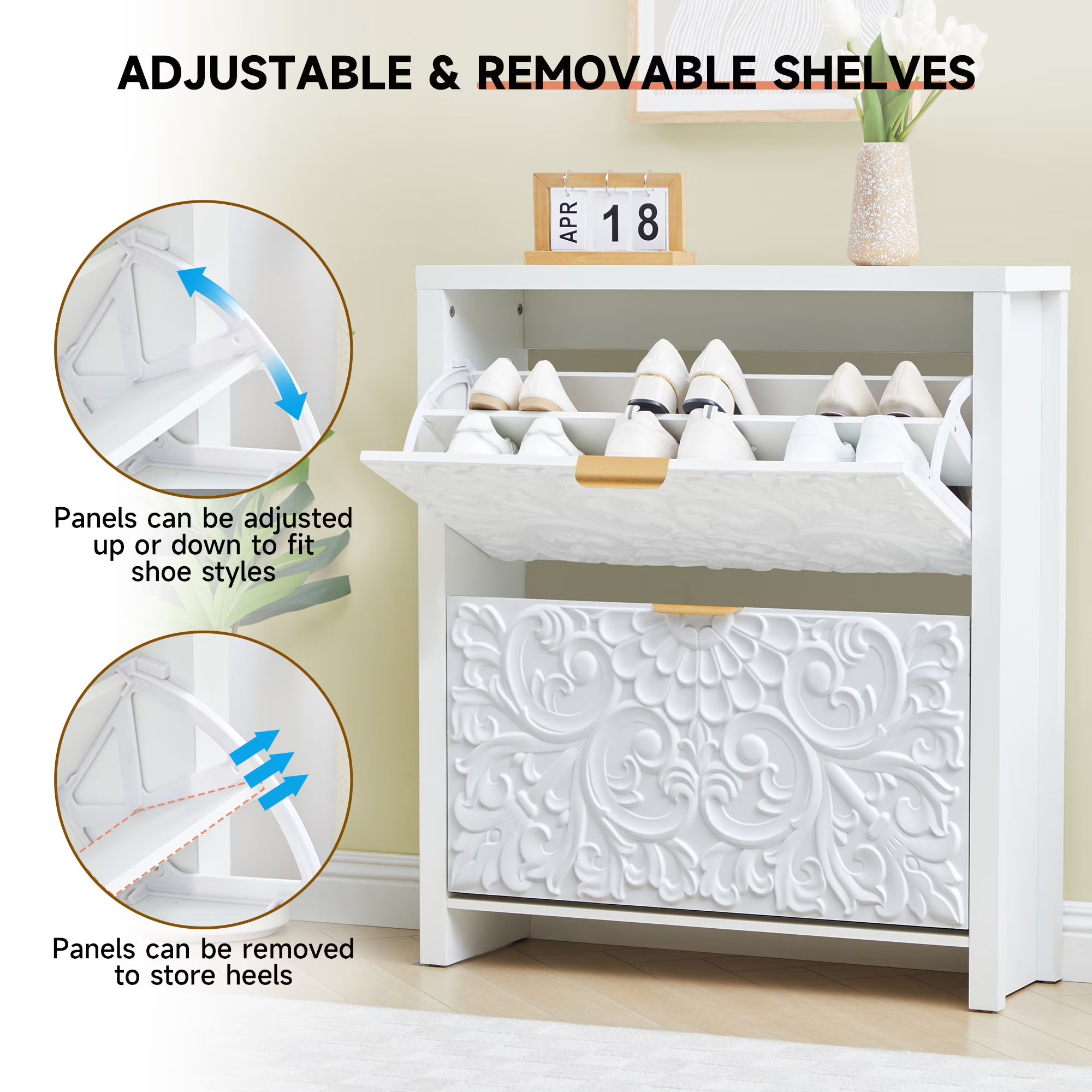 Wirrytor Narrow White Shoe Cabinet with 2 Flip Drawers, Adjustable Shelves Floral Embossed Entryway Organizer, Slim Hidden Shoe Storage for Hallway Foyer Bedroom,Space-Saving Design (1, White)