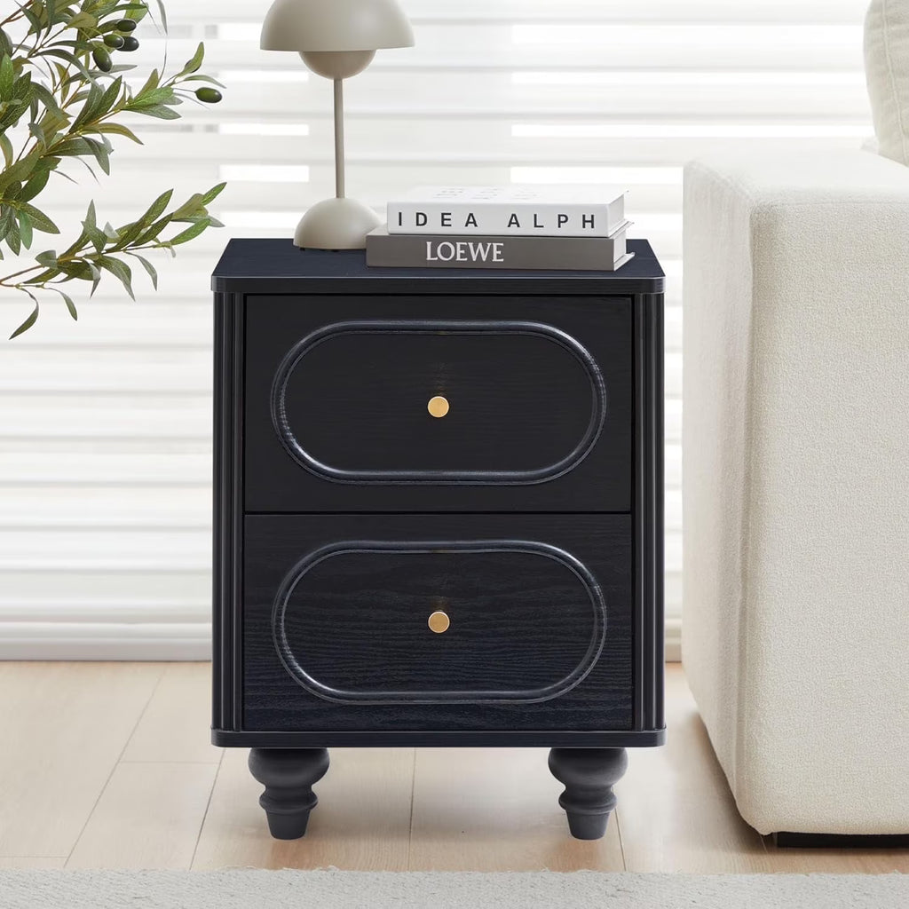 Wirrytor 2 Drawer Fluted Nightstand, Mid Century Modern Farmhouse Night Stand Small End Table Bedside Table for Bedroom, Living Room, Black