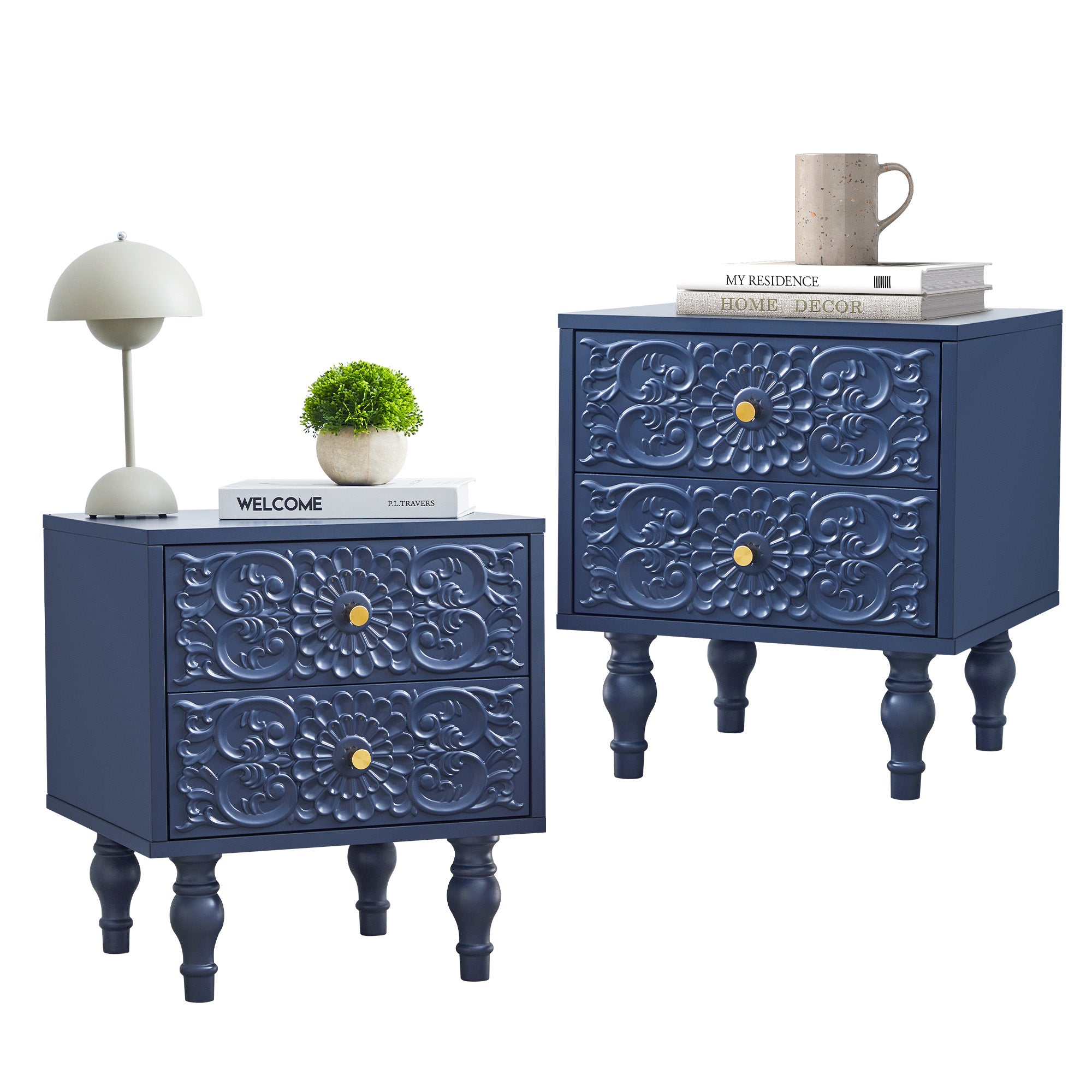 Wirrytor Vintage Short Nightstand with 2 Drawers, Bedside Table 2 Drawer Dresser with Embossed Pattern, Storage End Table with Wooden Legs for Bedroom & Living Room,Blue