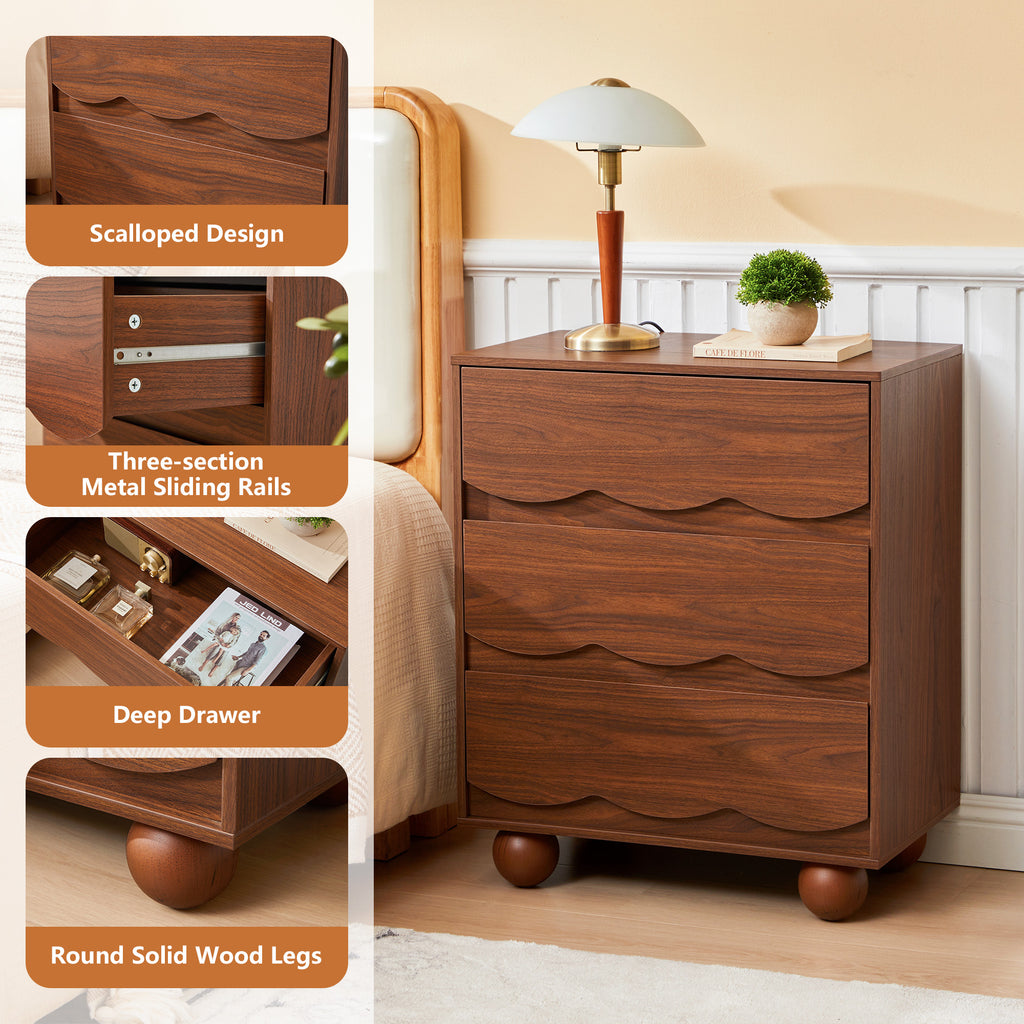 WIRRYTOR Modern Wave Front 3 Drawer Nightstand and Storage Dresser, Scalloped Bedside Table with Solid Wood Ball Leg for Bedroom Living Room