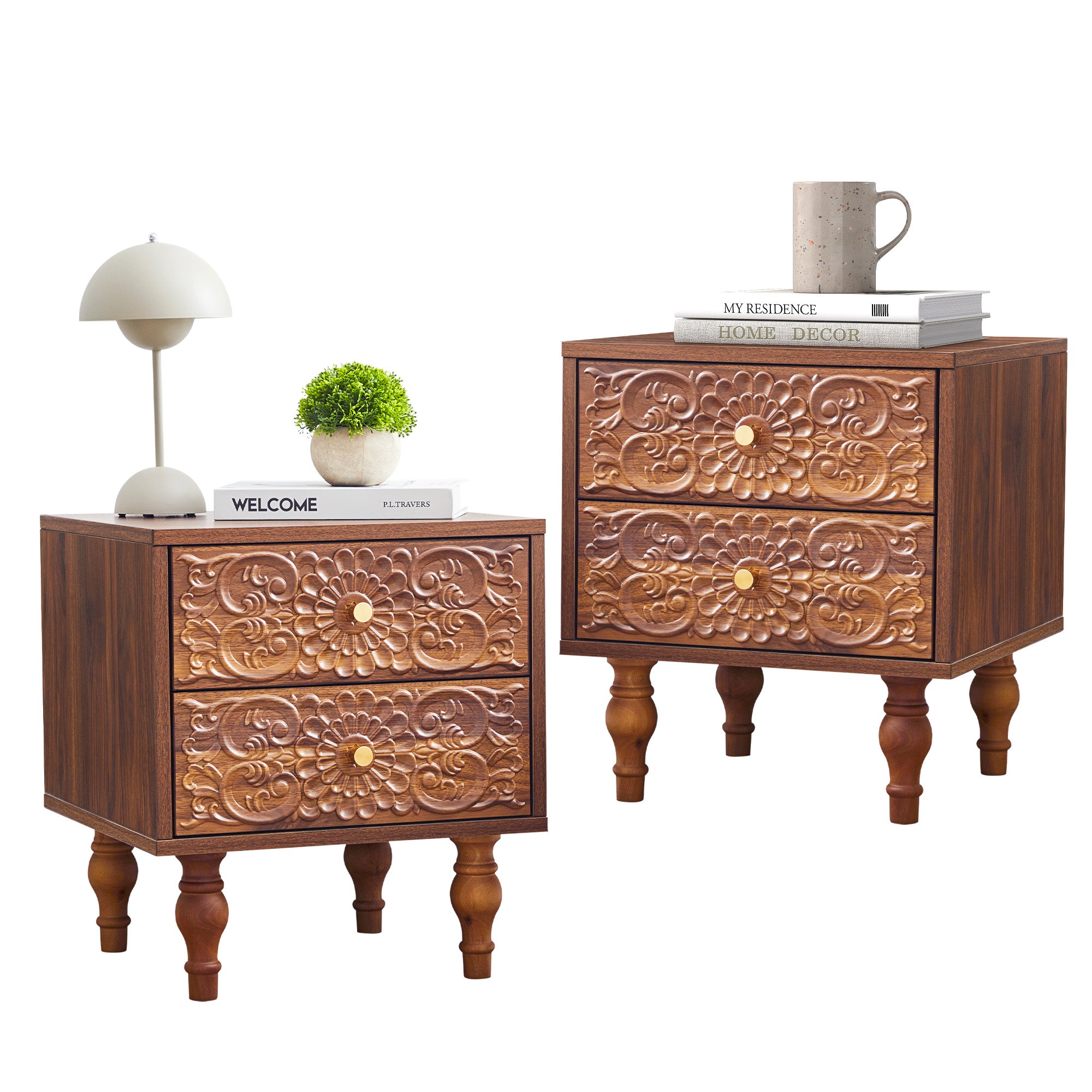 Wirrytor Vintage Short Nightstand with 2 Drawers, Bedside Table 2 Drawer Dresser with Embossed Pattern, Storage End Table with Wooden Legs for Bedroom & Living Room,Blue