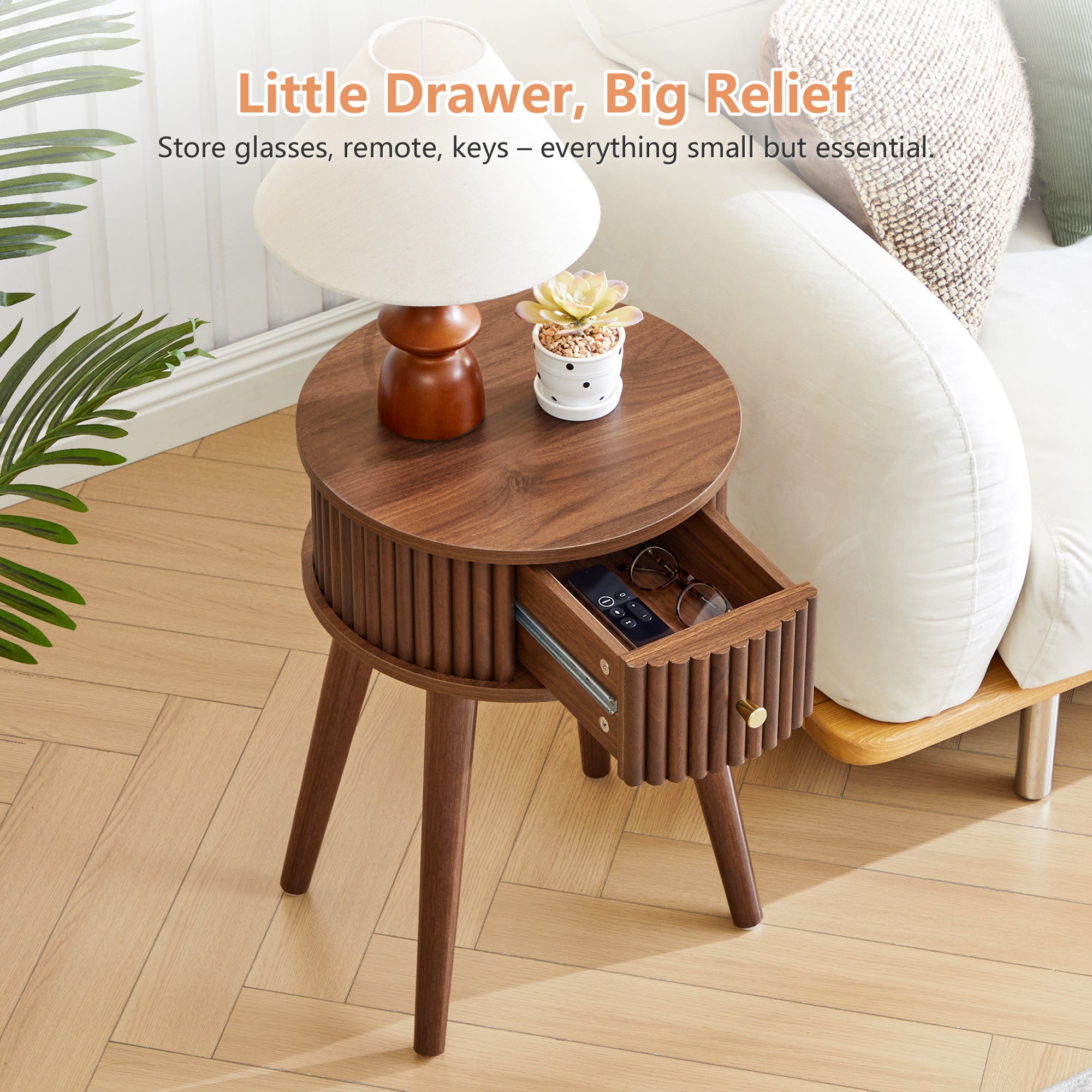 WIRRYTOR Set of 2 Modern Boho End Tables for Living Room, Round Fluted Side Tables with Drawer and Splayed Legs, Walnut Accent Tables