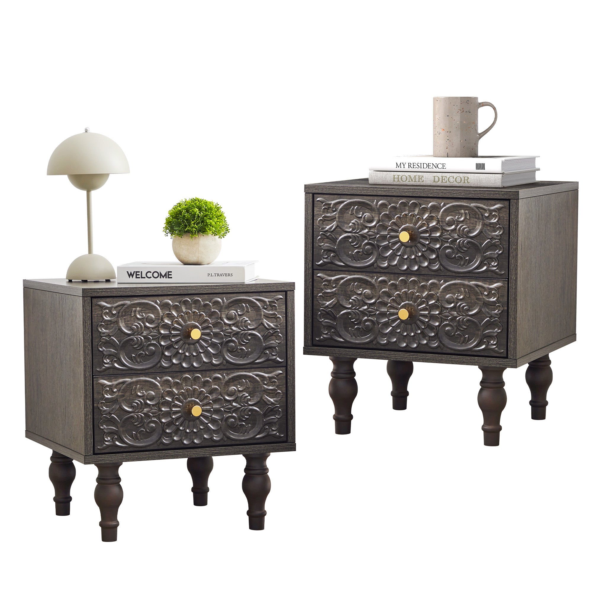 Wirrytor Vintage Short Nightstand with 2 Drawers, Bedside Table 2 Drawer Dresser with Embossed Pattern, Storage End Table with Wooden Legs for Bedroom & Living Room,Blue