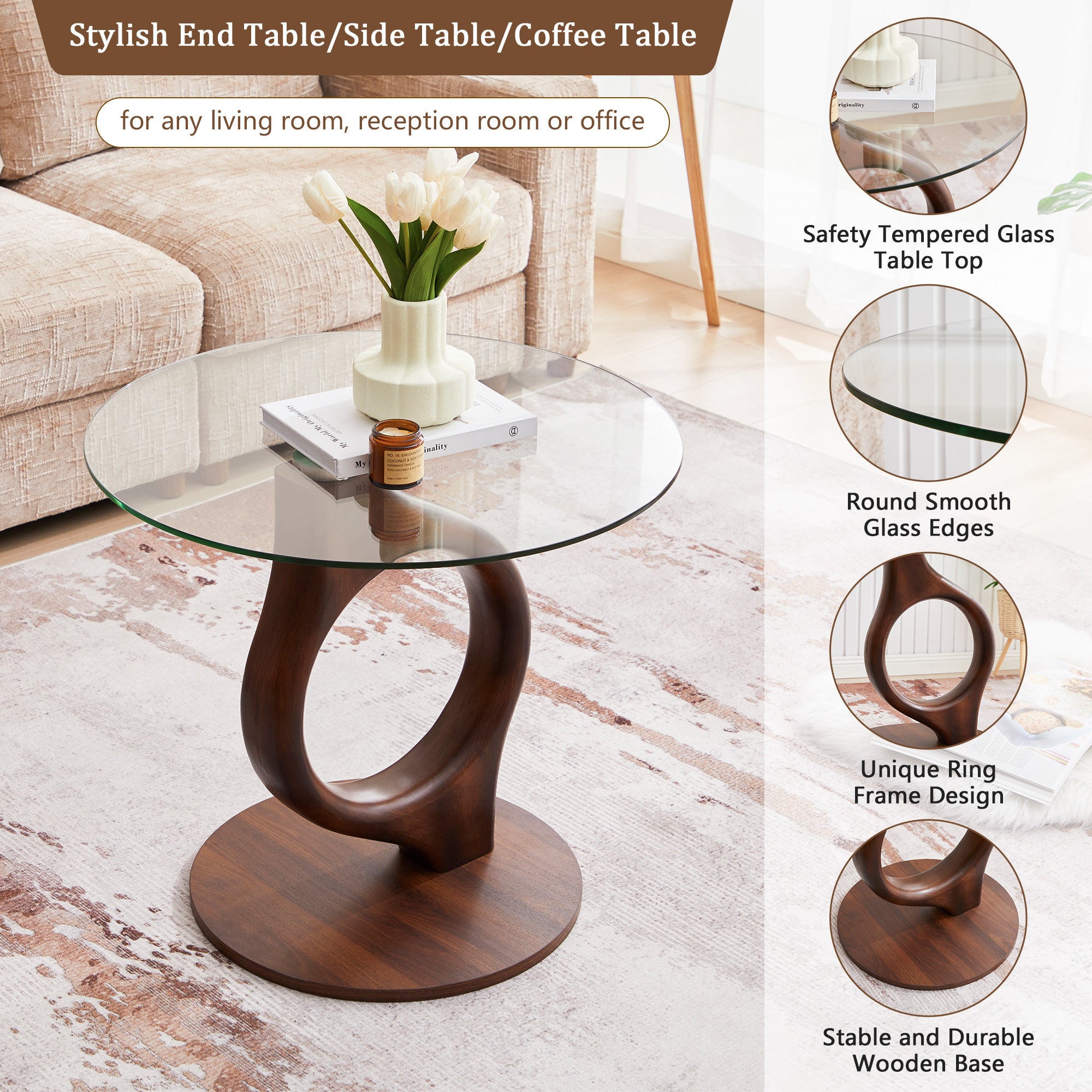 Wirrytor 27.55" Round Glass Coffee Table, Mid-Century Modern Side Table with Wood Base and Tempered Glass Top, Brown