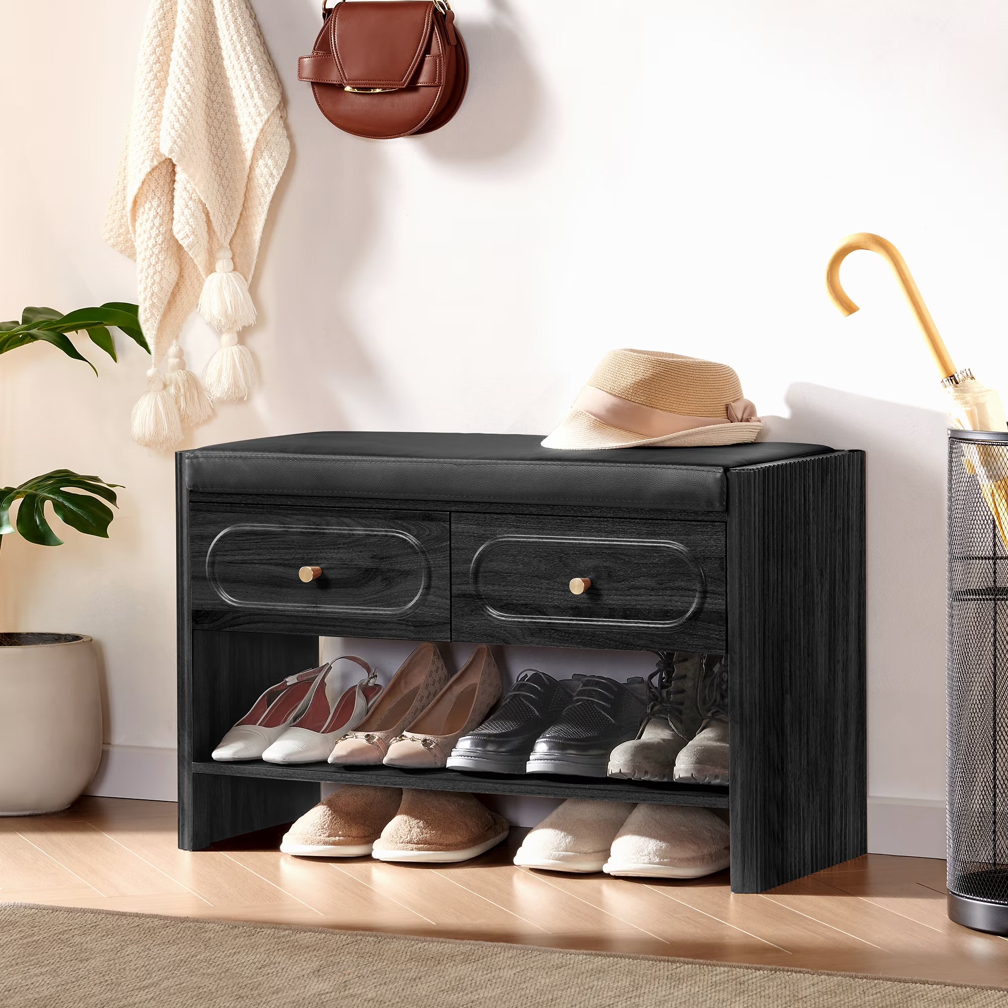 Wirrytor Black Curved Edge Shoe Bench With 2 Drawers, Fluted Panel Entryway Storage Bench, PU Leather Cushion 2-Tier Shoe Rack Organizer For Hallway Bedroom Living Room