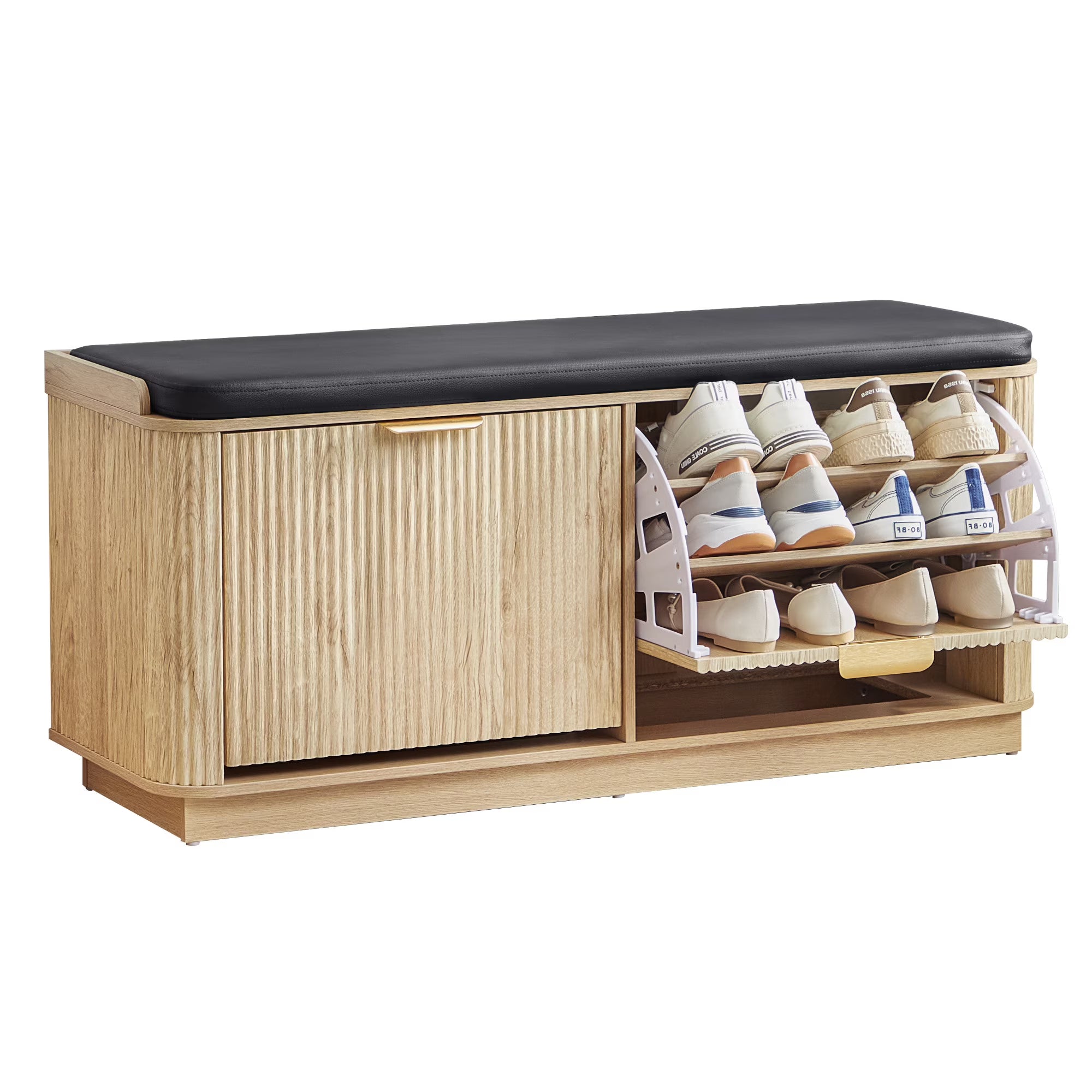 Wirrytor Natural Wood 3-Tier Flip Drawer Shoe Bench With Leather Seat, Entryway Shoe Storage Organizer With Adjustable Shelves, Upholstered End Of Bed Bench For Hallway Bedroom