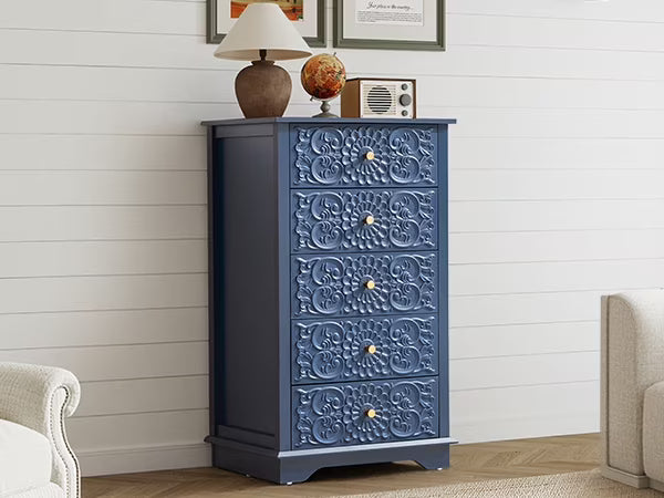 Wirrytor 5-Drawer Blue Farmhouse Dresser With Floral Embossing, Tall Chest Of Drawers, Anti-Tipping Design, Vintage Storage Organizer For Bedroom Hallway Closet