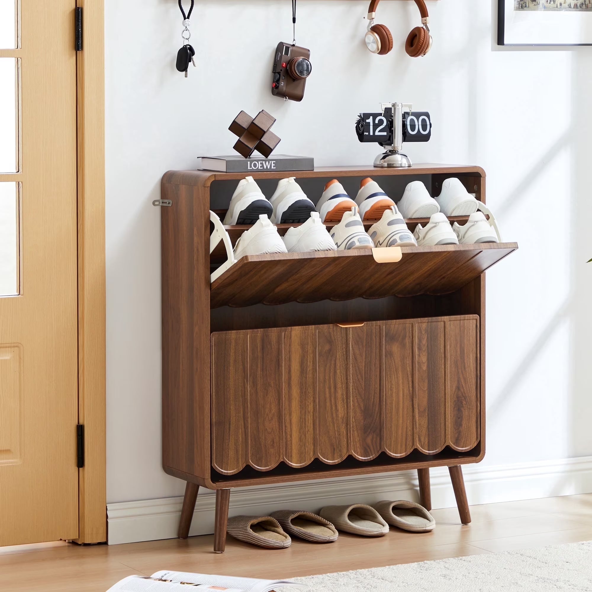 Wirrytor Shoe Storage Cabinet with 2 Flip Drawers for Entryway, Hidden Wooden Shoe Cabinet Narrow Shoe Rack Cabinet Organizer for Hallway Front Door EntranceO(Walnut)
