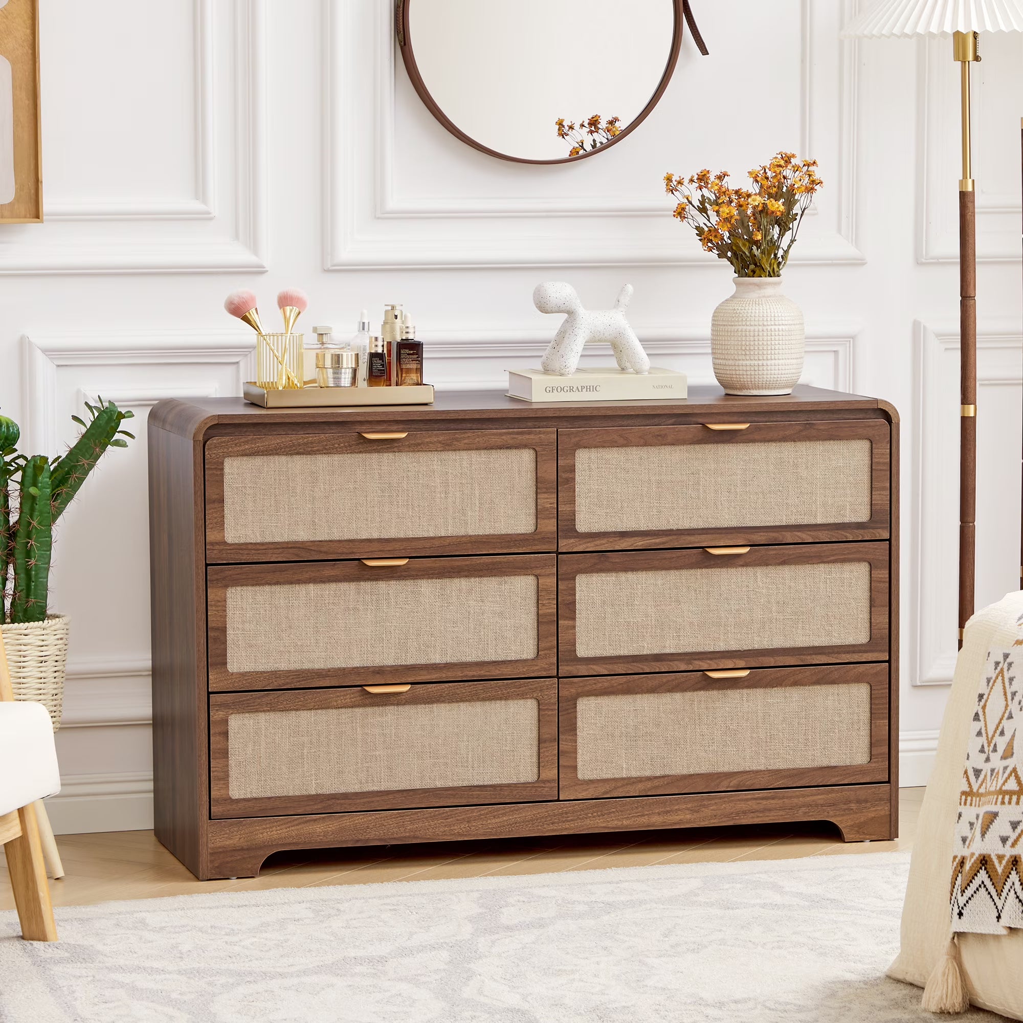 Wirrytor 6 Drawer Dresser With Linen Panels, Modern Walnut Finish Chest Of Drawers With Curved Edges & Anti-Tip Device, Spacious Storage Cabinet For Bedroom Living Room Entryway