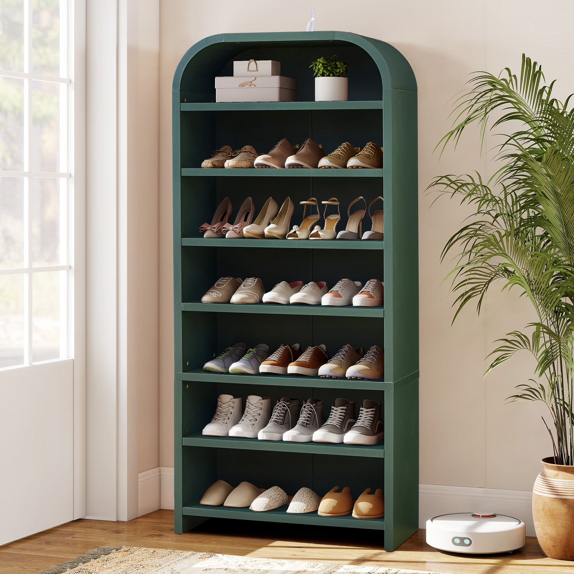 Wirrytor Green Arched Tall Shoe Cabinet, 7-Tier Vertical Shoe Storage Organizer With Adjustable Shelves, Anti-Tip Freestanding Shoe Rack For Entryway Hallway Bedroom
