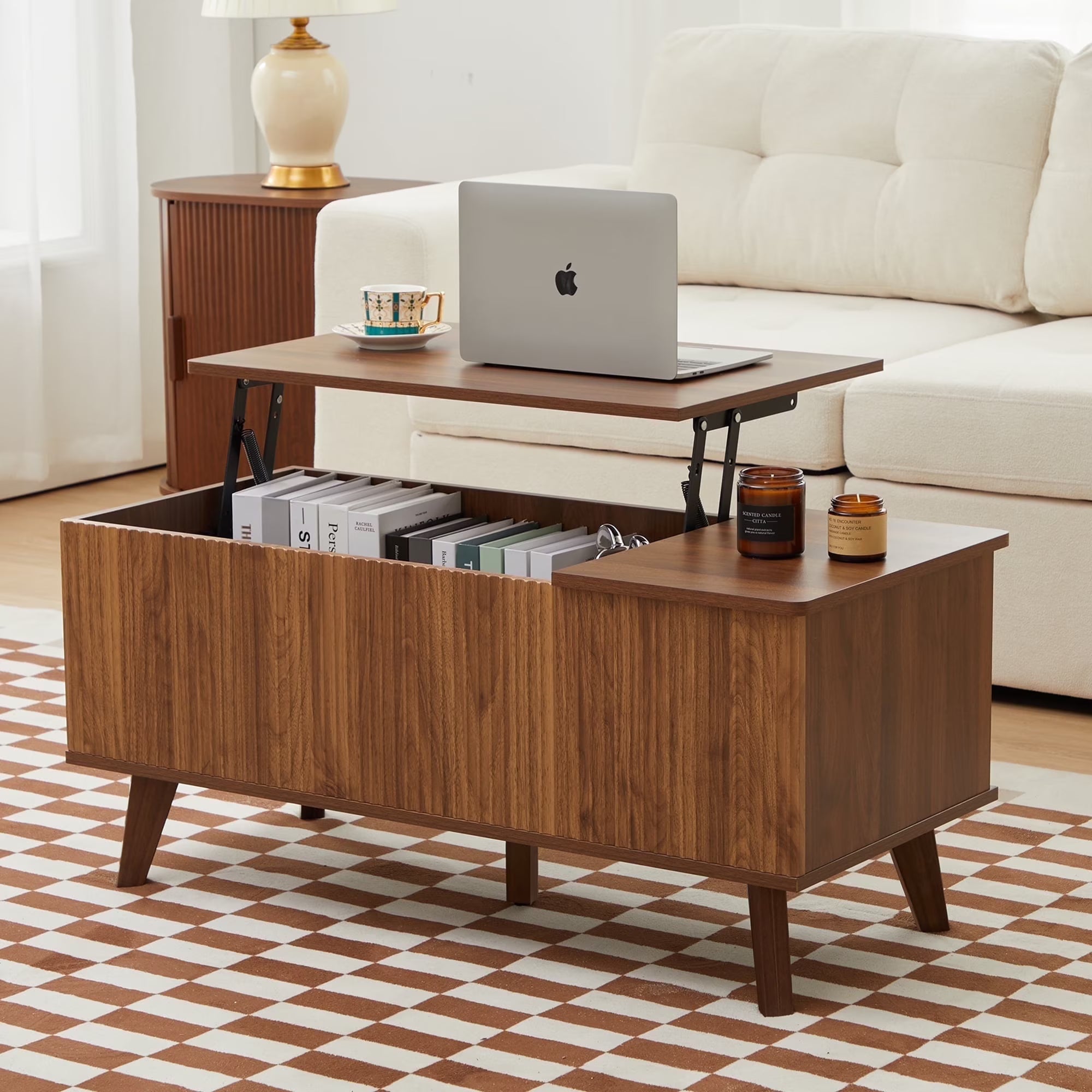 Wirrytor Wooden Lift Top Coffee Table, Square Fluted Coffee Table Square Coffee Table with Large Hidden Compartment, Farmhouse Center Tables (Walnut Grain)