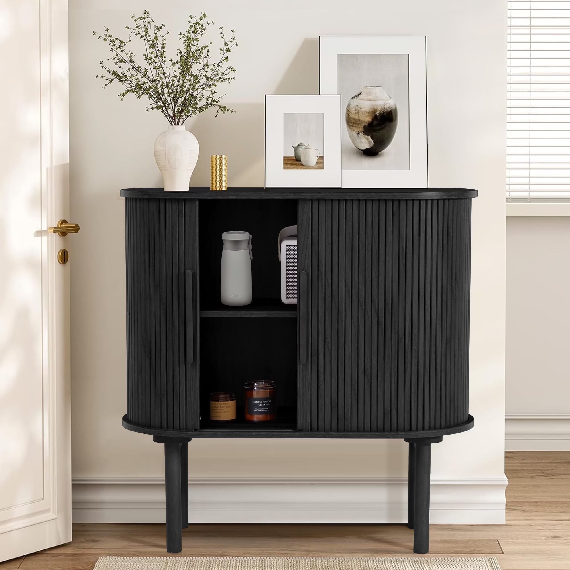 WIRRYTOR Modern Sideboard Buffet Cabinet, Fluted Accent Credenza, Black - Ideal for Living Room, Dining Room, Kitchen