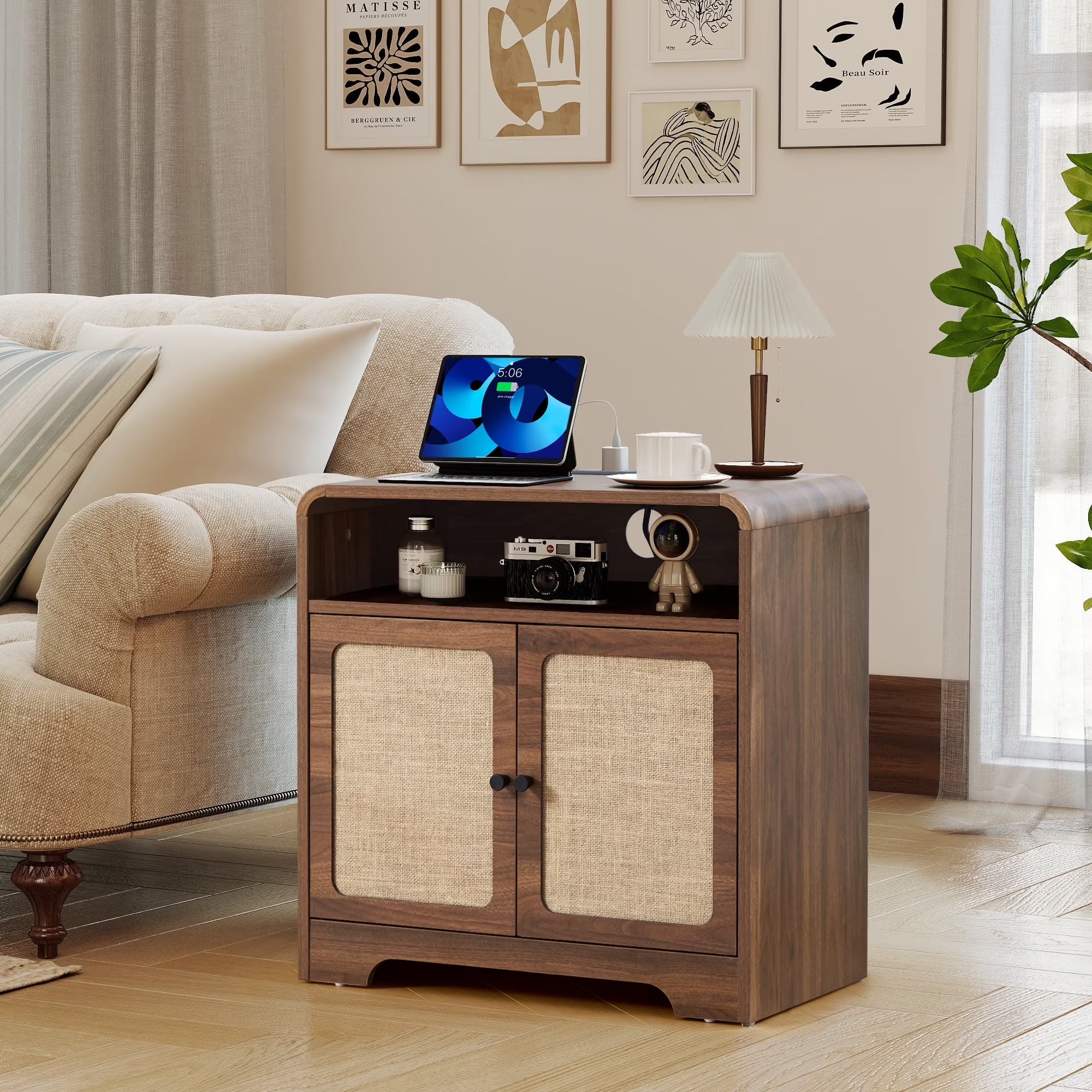 Wirrytor Farmhouse End Table with Charging Station, Side Table with 2 Door, Storage Shelf Nightstand for Living Room Bedroom, Linen doors-Walnut