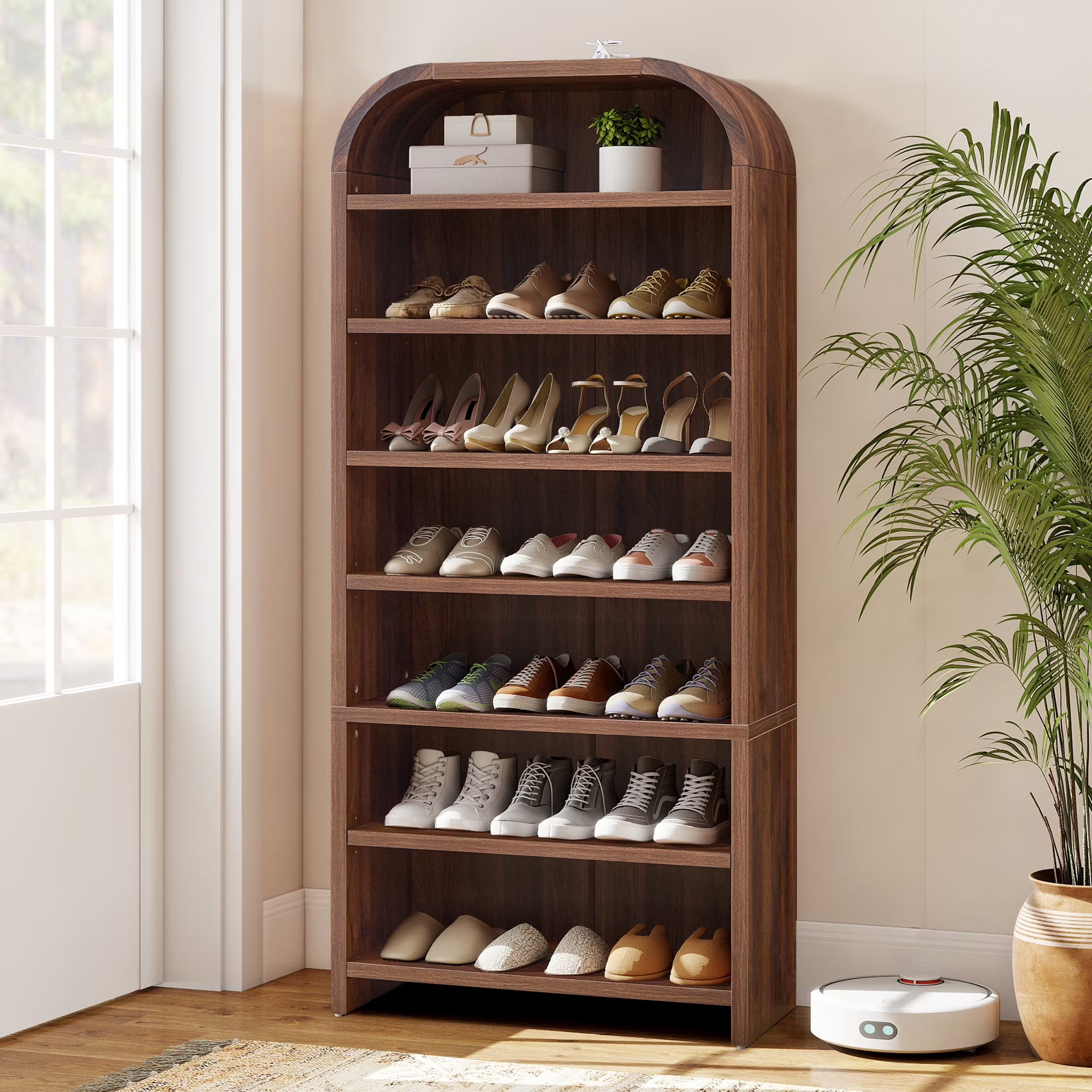Wirrytor Walnut Arched Tall Shoe Cabinet, 7-Tier Vertical Shoe Storage Organizer With Adjustable Shelves, Anti-Tip Freestanding Shoe Rack For Entryway Hallway Bedroom