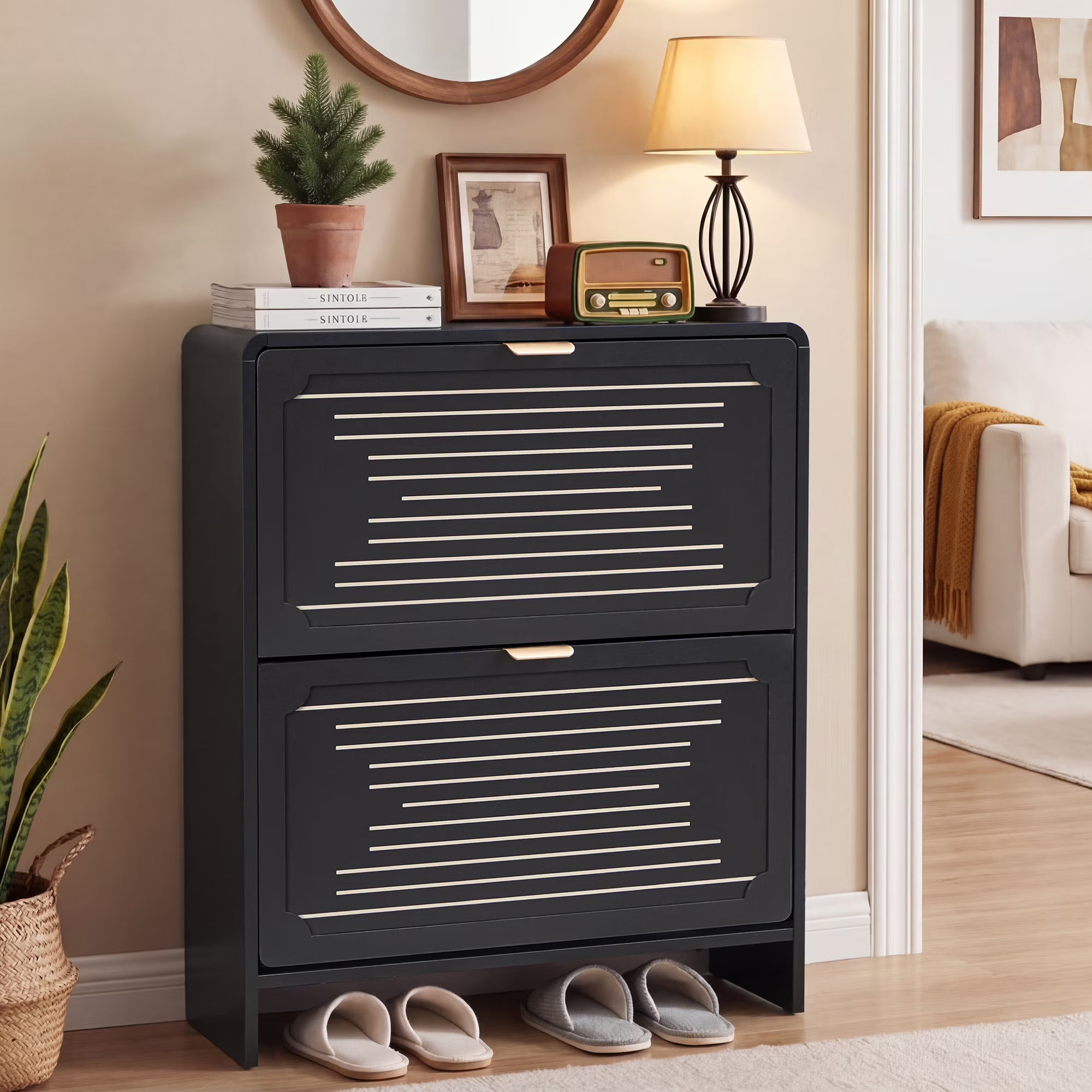 Wirrytor Black Curved Printed 2 Flip Drawer Shoe Cabinet, 85cm Double Layer Narrow Shoe Storage Organizer, Adjustable Shelf Entryway Shoe Rack With Anti-Tip Design For Hallway Bedroom