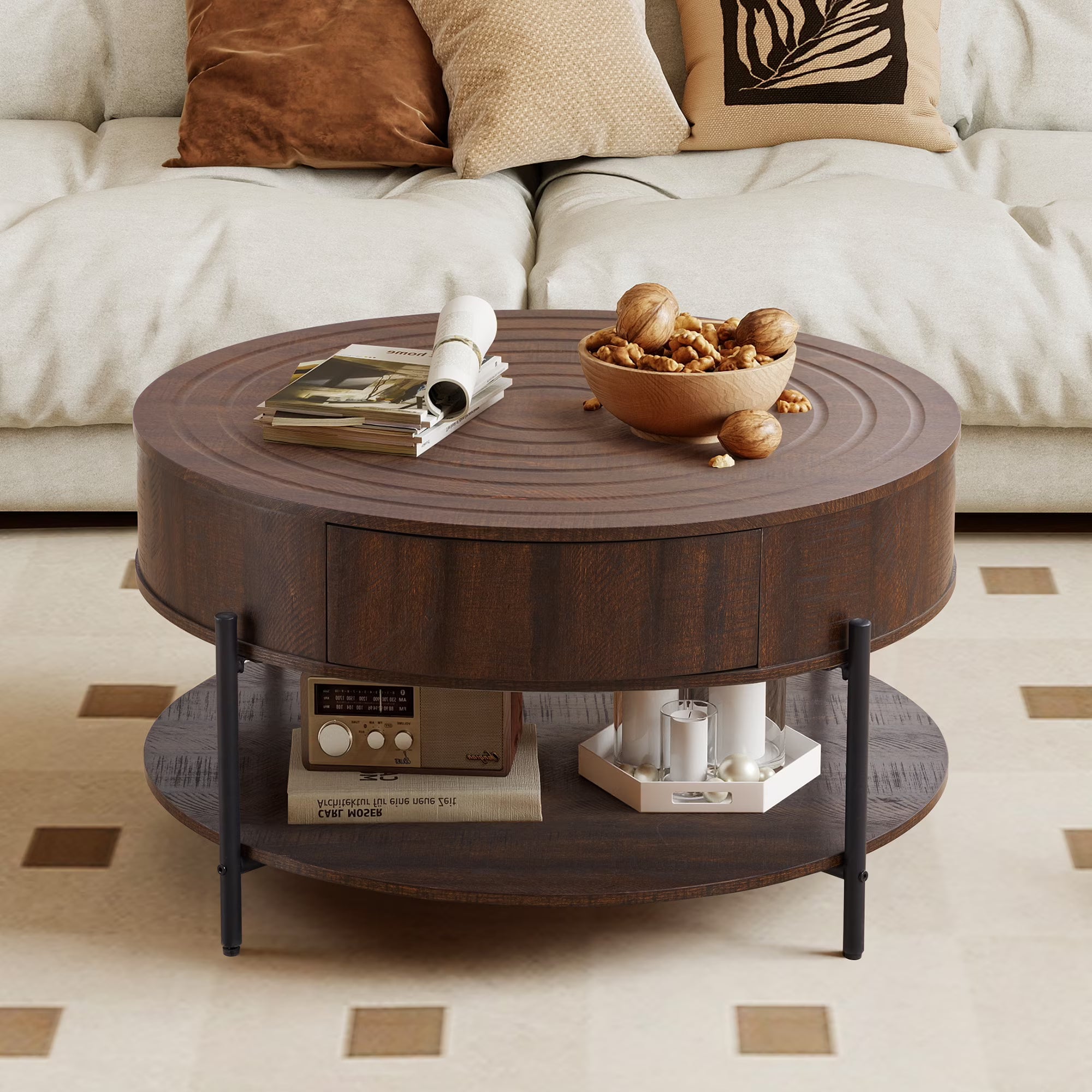 Wirrytor Modern 30" Round Coffee Table for Living Room, 2-Tier storage and 2 drawer Farmhouse Small Coffee Table, Modern Center Table with Round Edge, Water Ripple Desktop, Dark brown