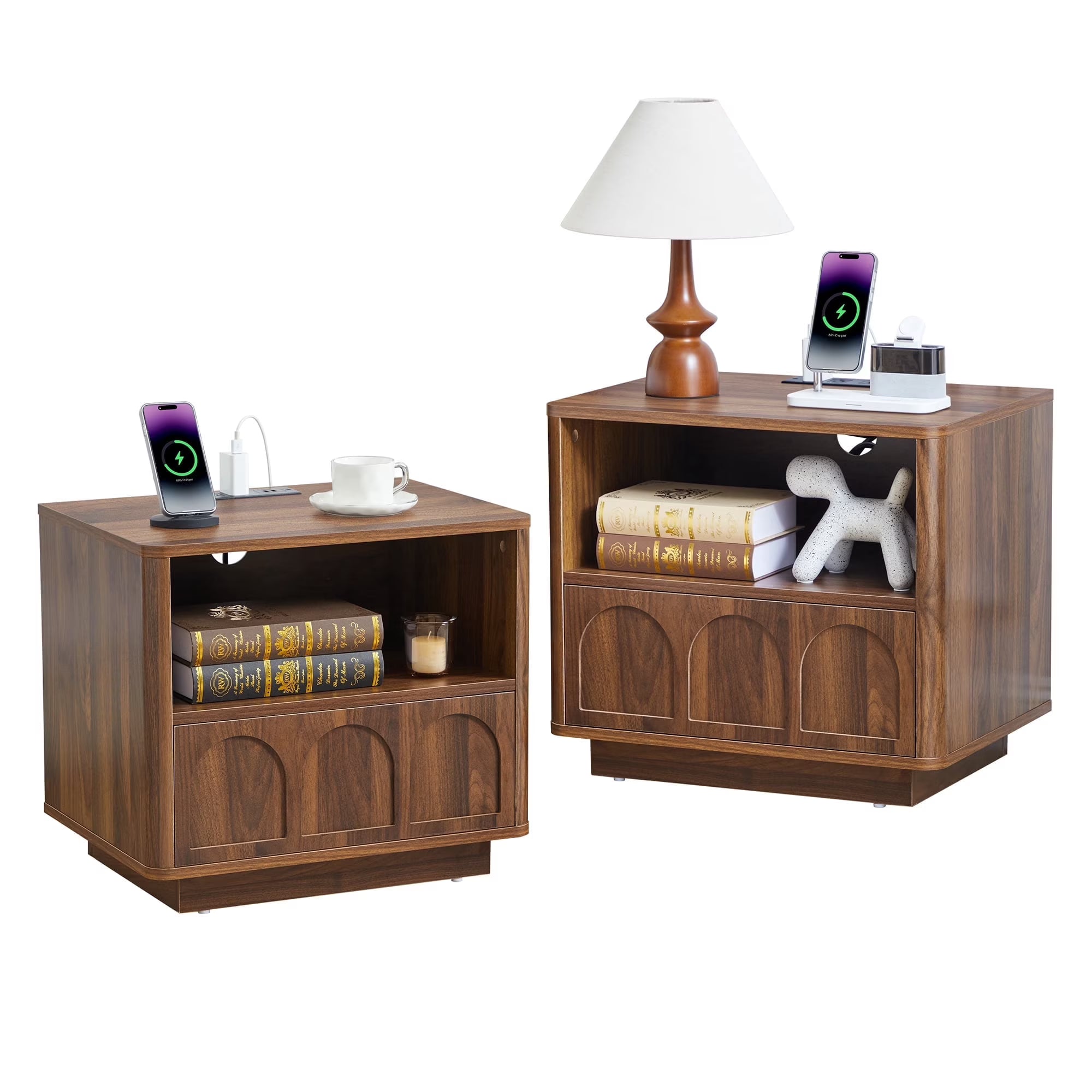 Wirrytor Set of 2 Nightstand, Fluted Bed Side Table with Charging Station, Modern End Side Table for Bedroom Furniture Living Room Sofa, Night Stand with Storage Drawers and Large Open Shelf, brown
