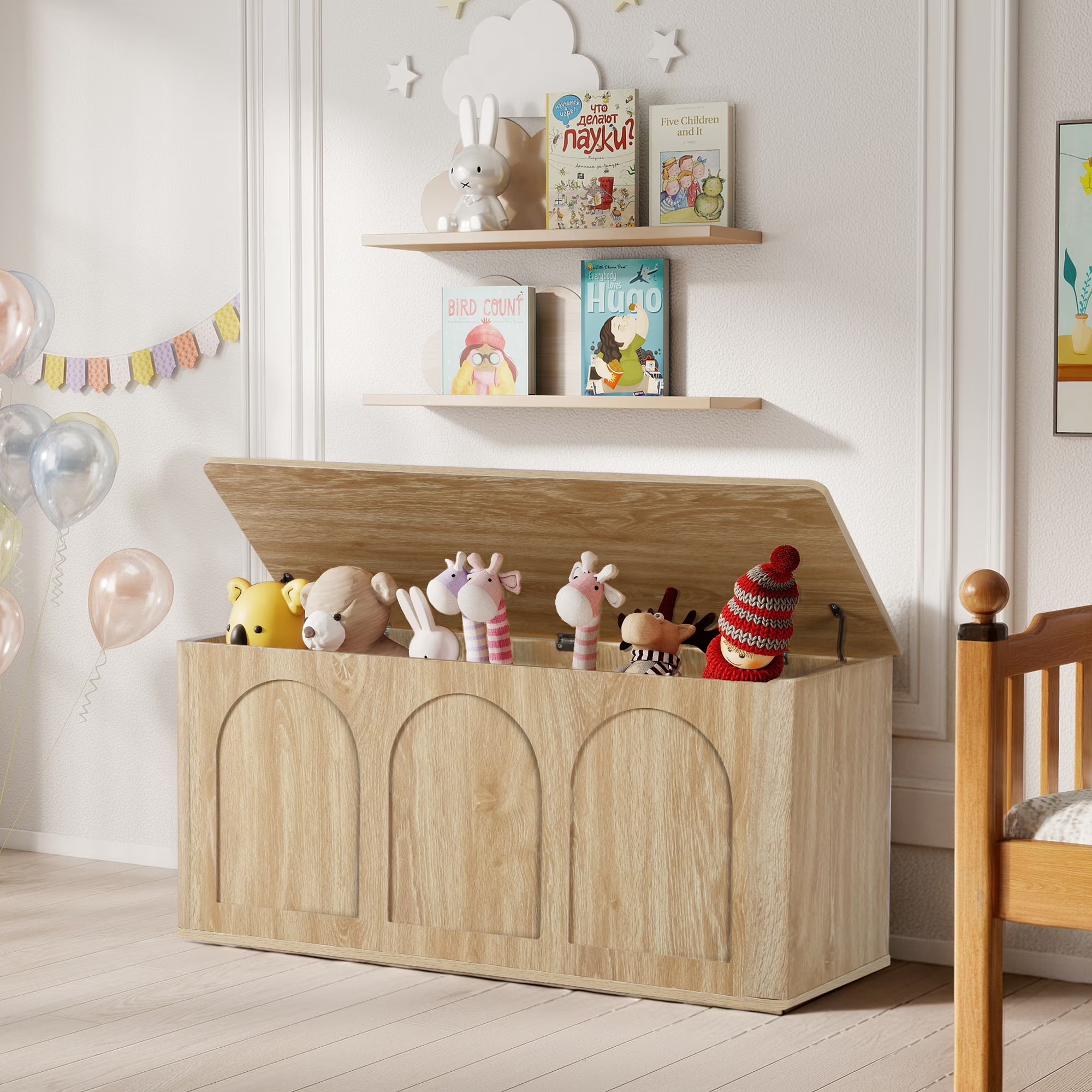 Wirrytor Natural Wood Curved Edge Storage Bench, Arched Panel Flip-Top Shoe Bench With Buffer Hinge, 220 Lbs Weight Capacity Entryway Organizer For Toys Blankets Hallway Bedroom Living Room