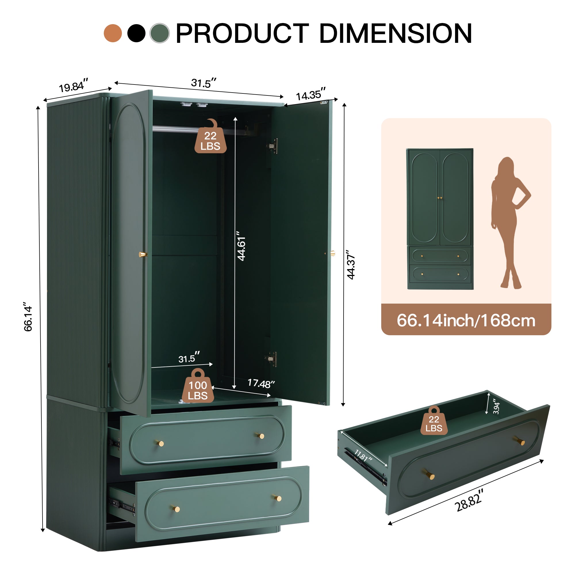 Wirrytor Armoire Wooden Closet with 2 Doors and 2 Drawer