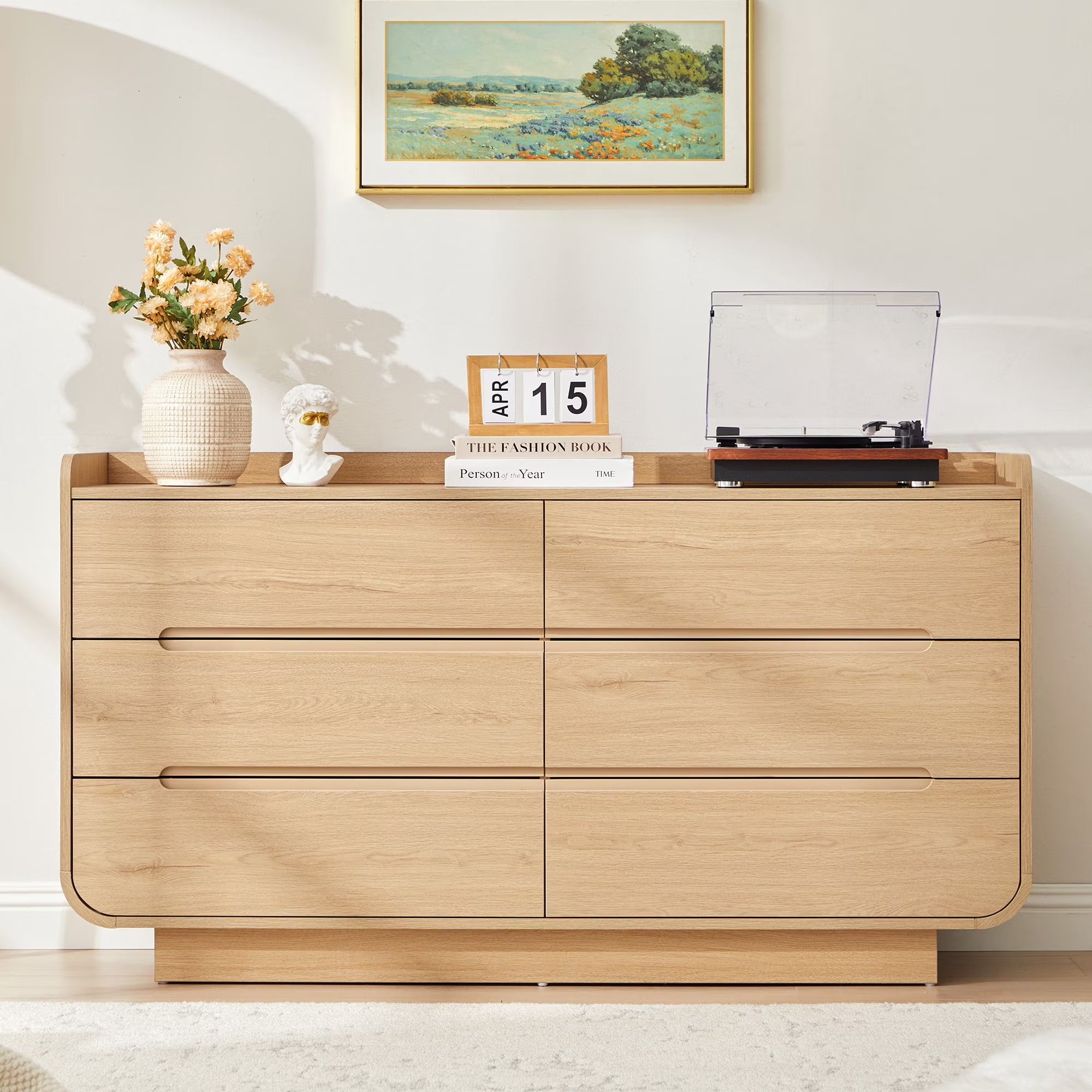 Wirrytor 6-Drawer Natural Wood Dresser Chest, Modern Curved Edge Storage Organizer With Anti-Tipping Design, Large Capacity Closet Cabinet For Bedroom Hallway Living Room Nursery