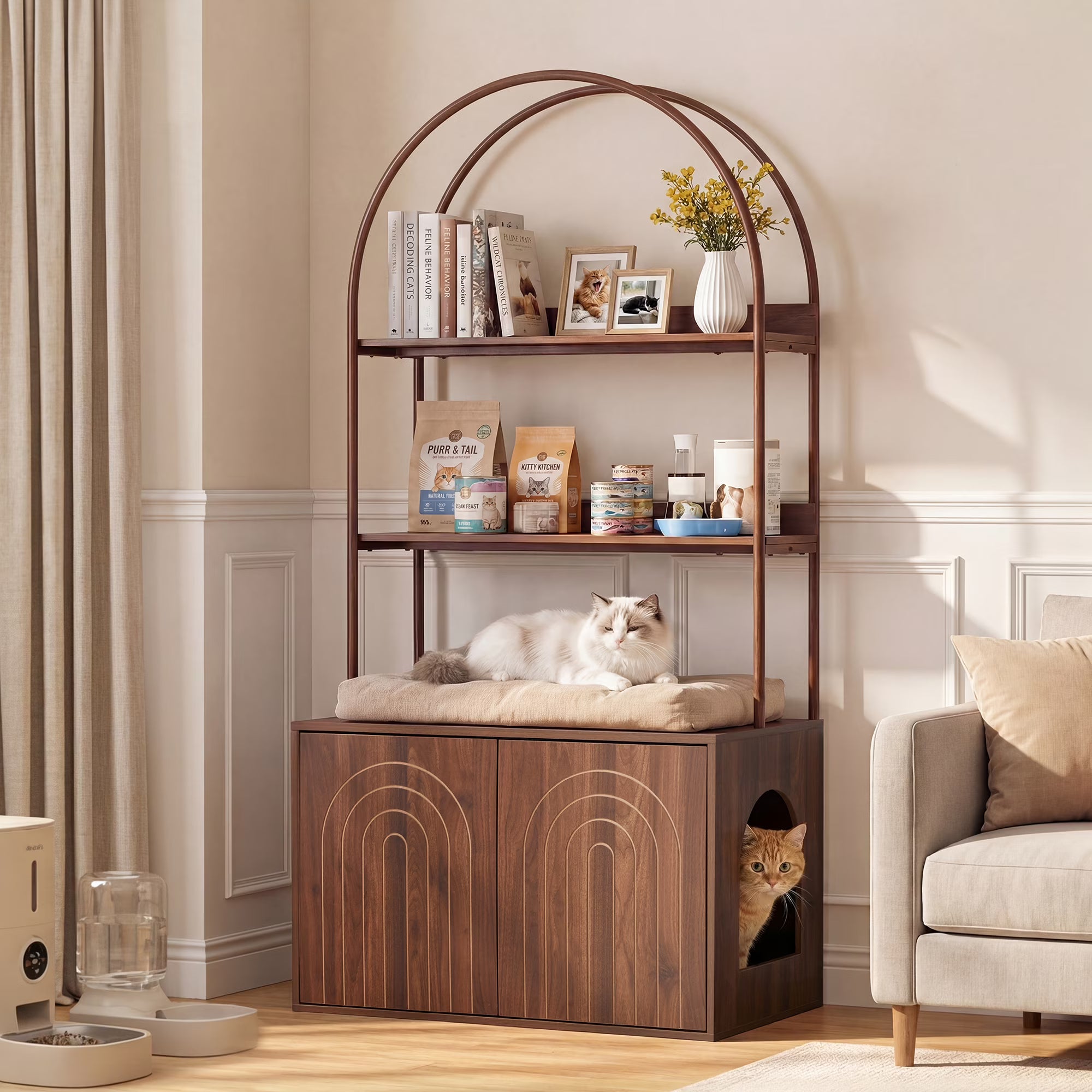 Wirrytor Walnut Cat Litter Box Enclosure With 2-Tier Display Shelves, Hidden Litter Box Furniture With Cat Perch, Modern Arched Pet Cabinet For Home Decor