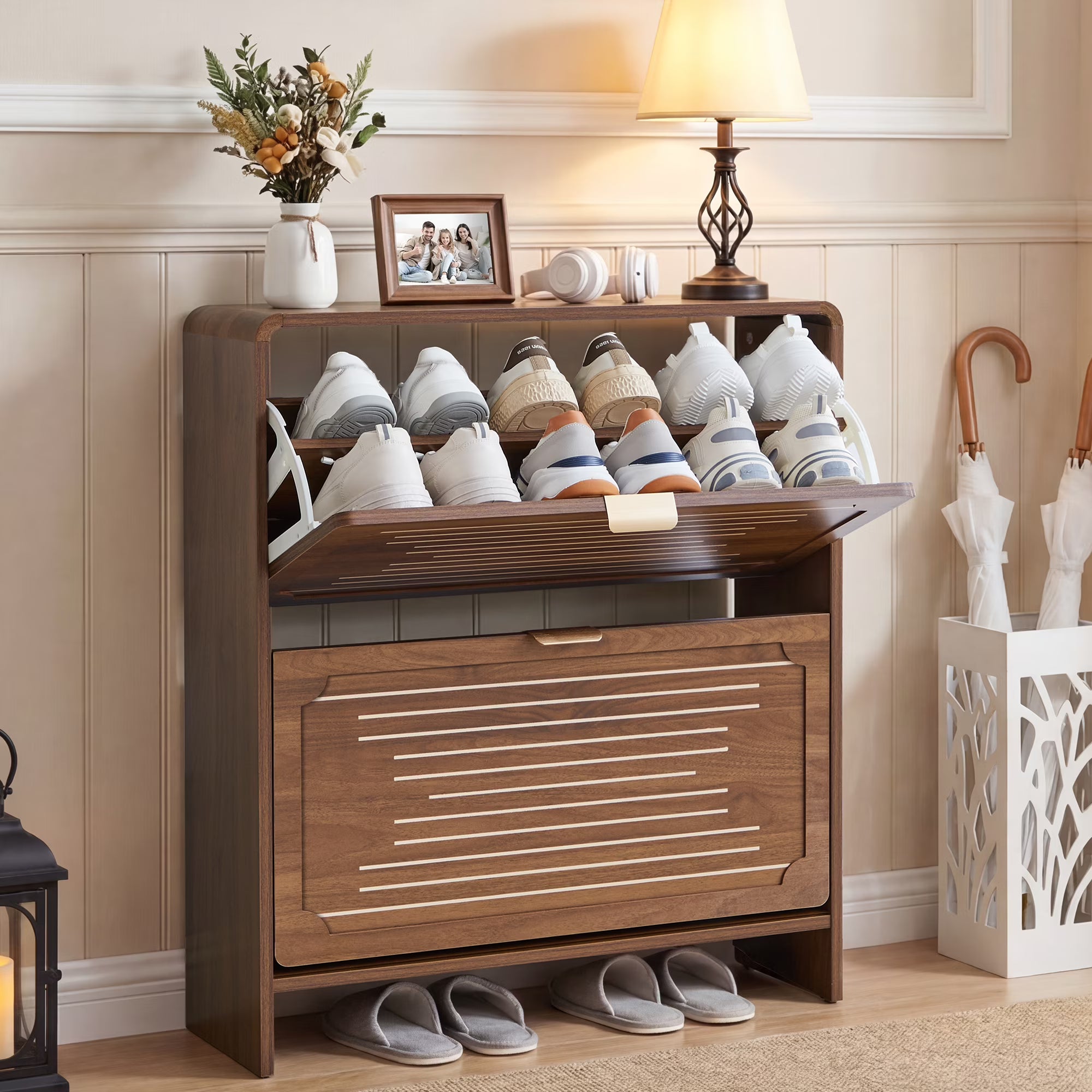 Wirrytor Walnut Curved Printed 2 Flip Drawer Shoe Cabinet, 85cm Double Layer Narrow Shoe Storage Organizer, Adjustable Shelf Entryway Shoe Rack With Anti-Tip Design For Hallway Bedroom
