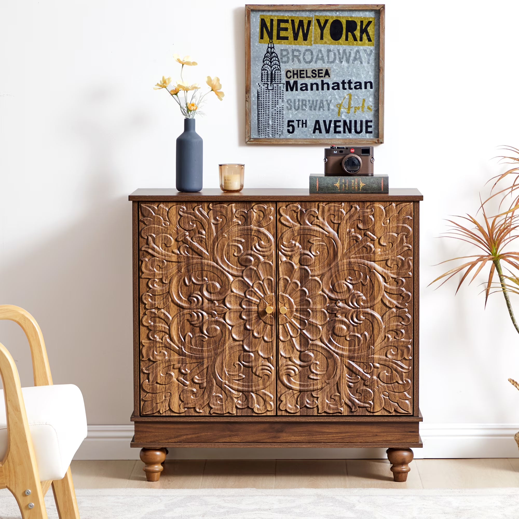 Wirrytor Walnut Sideboard Cabinet with 2 Doors for Hallway Entrance, Carved Wood Accent Cabinet ,Vintage Textured Decorative Credenza, Modern Cabinet for Living Room