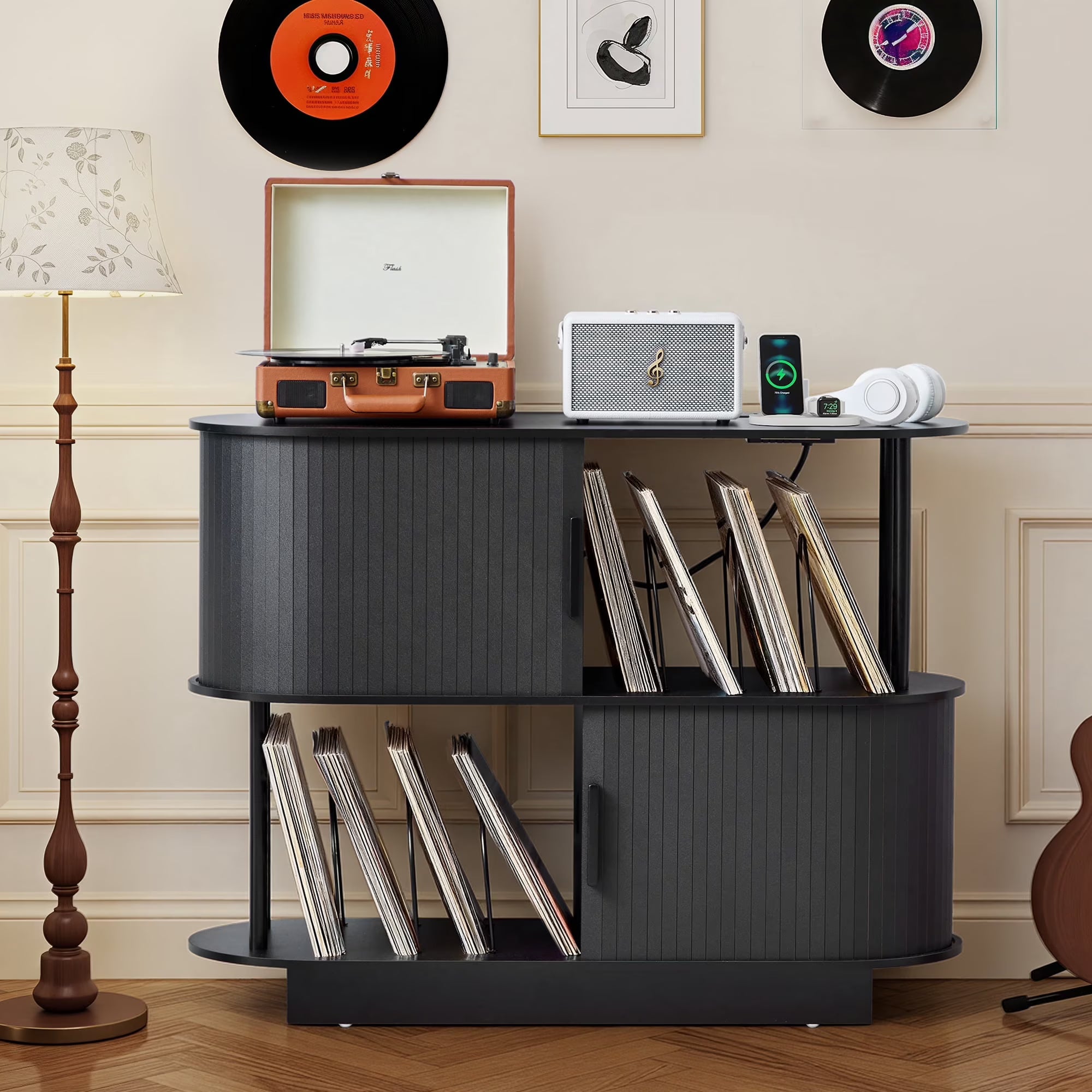 Wirrytor Black Oval Vinyl Record Storage Cabinet With Charging Station, 2-Tier Record Player Stand Holds 160 Albums, Includes 2 AC Outlets, 1 USB & 1 Type-C Port For Living Room